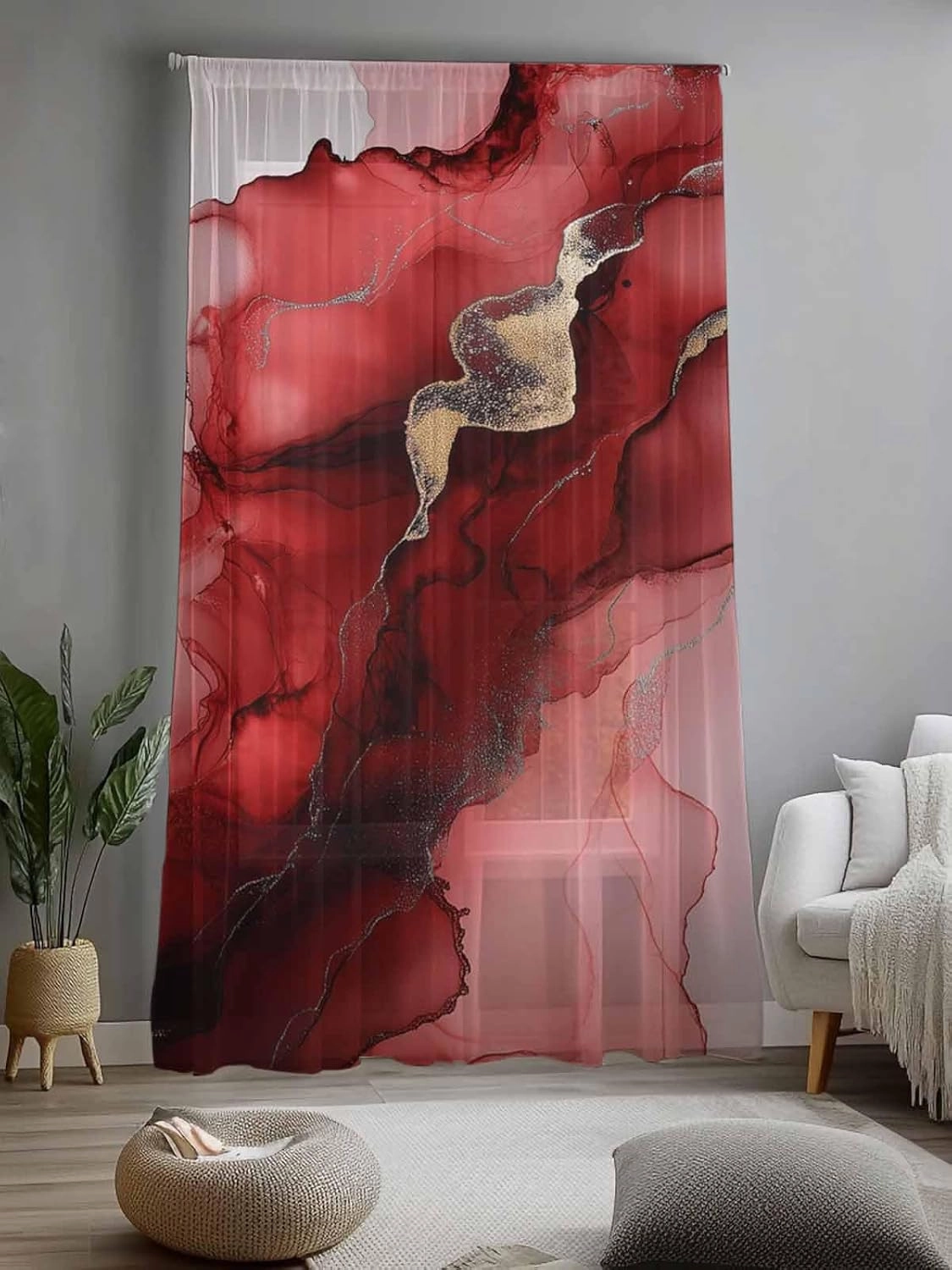 Semi Sheer Curtains for Home, Wave Line Red Gradient Abstract Marble Texture Light Filtering Sheer Rod Pocket Drapes for Kitchen Living Room Bedroom, 52"x108" 1 Panel