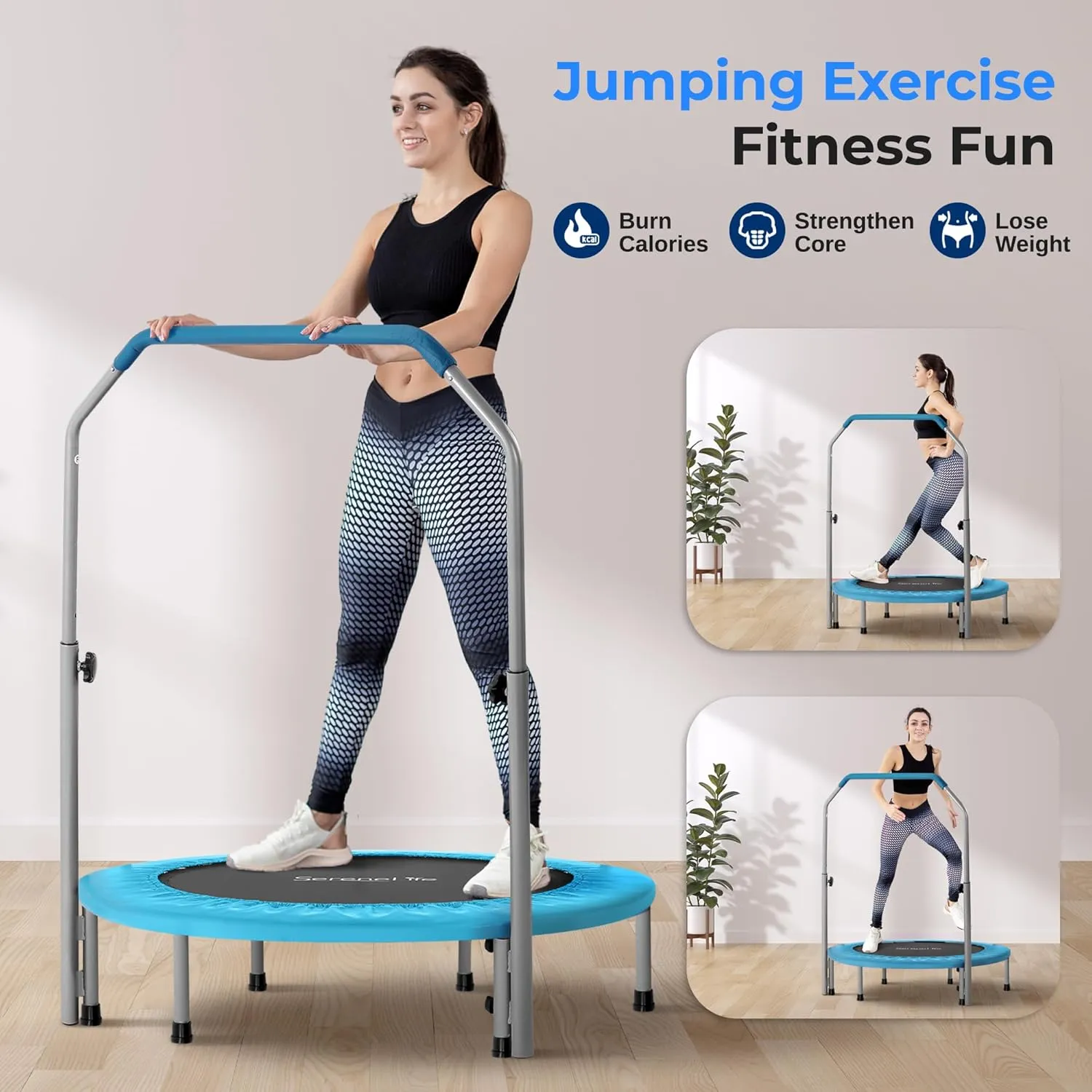 SereneLife 36/40" Foldable Mini Trampoline - Compact Fitness Trampoline for Kids Adults, Exercise Rebounder with Foam Handle, Indoor/Garden Workout Equipment, Max Load 150/220 lbs