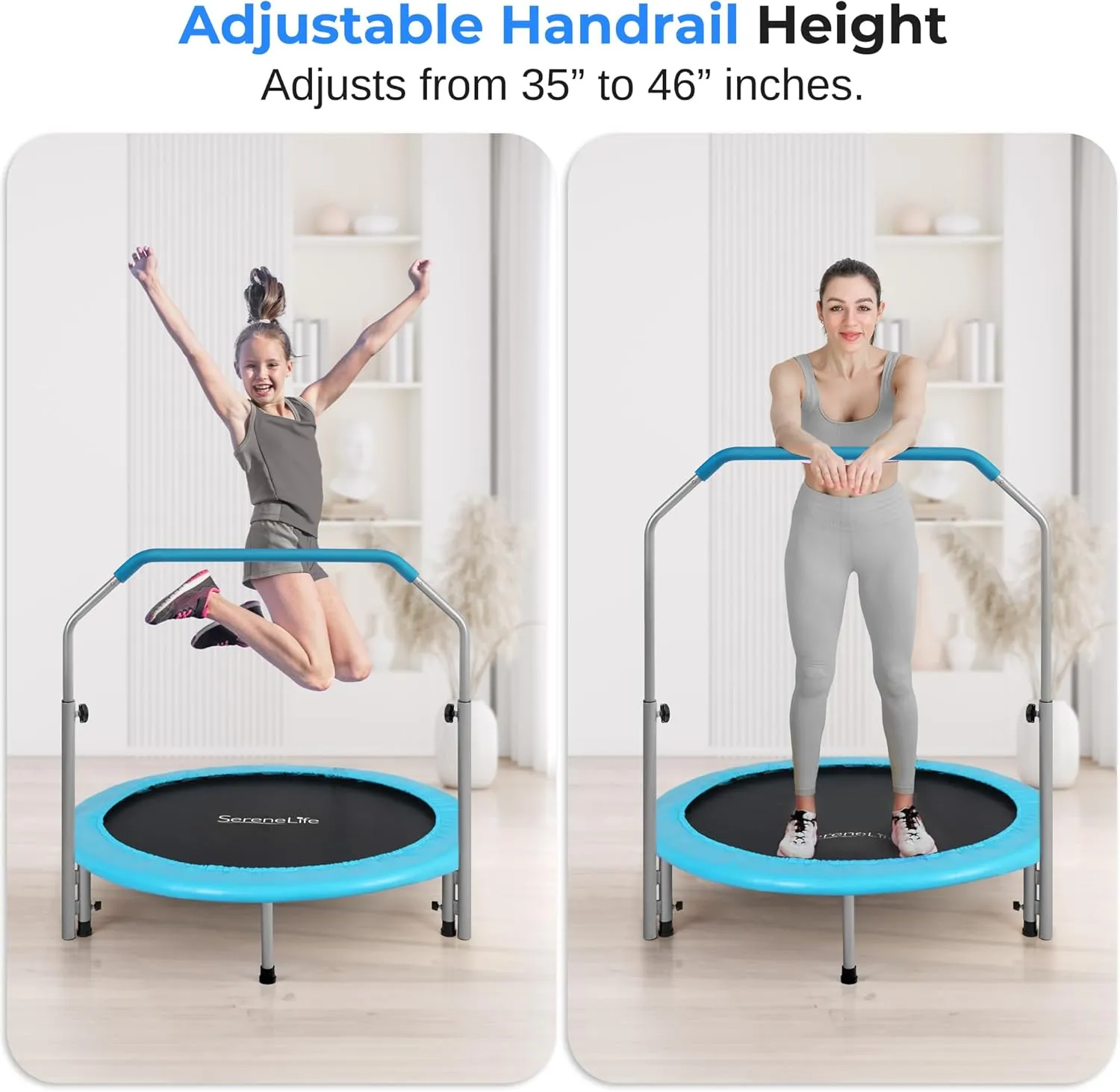 SereneLife 36/40" Foldable Mini Trampoline - Compact Fitness Trampoline for Kids Adults, Exercise Rebounder with Foam Handle, Indoor/Garden Workout Equipment, Max Load 150/220 lbs