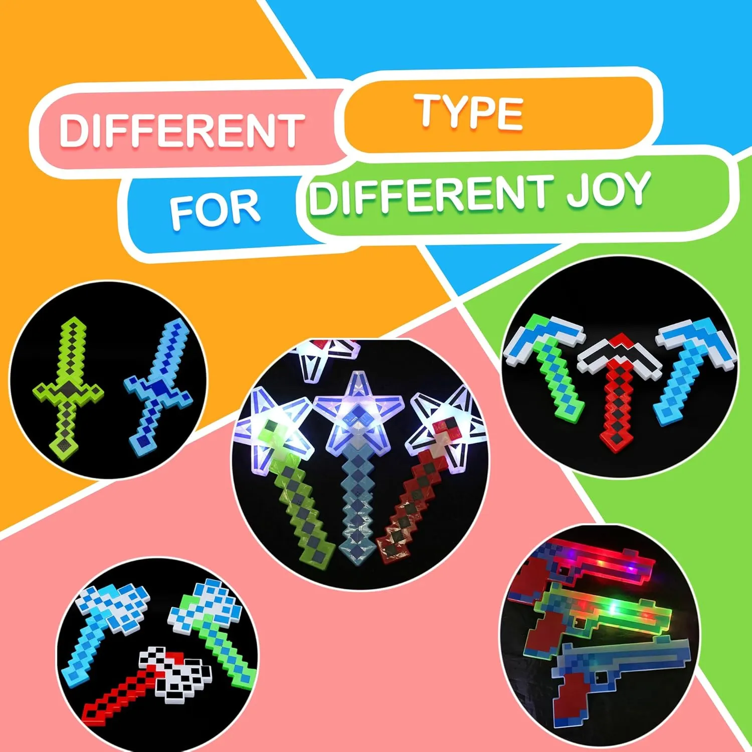 Set of 5 LED Pixel Sword and Diamond Toy Light Up Pixel Style Best Toy Gift for Birthday New Year and Halloween (Blue)