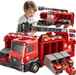 Seun & Amana Large Fire Truck Toys for Boys Girls,Lights and Sounds Vehicle with Extendable Ladderr Track Playset, Toy Truck Car Carrier & 6 Race Cars for Age 3 4 5 6  Years Old (Red)