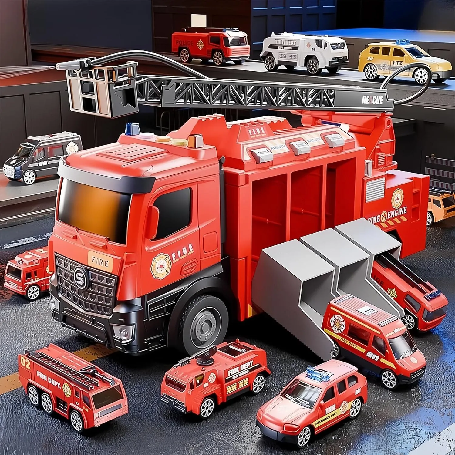 Seun & Amana Large Fire Truck Toys for Boys Girls,Lights and Sounds Vehicle with Extendable Ladderr Track Playset, Toy Truck Car Carrier & 6 Race Cars for Age 3 4 5 6  Years Old (Red)