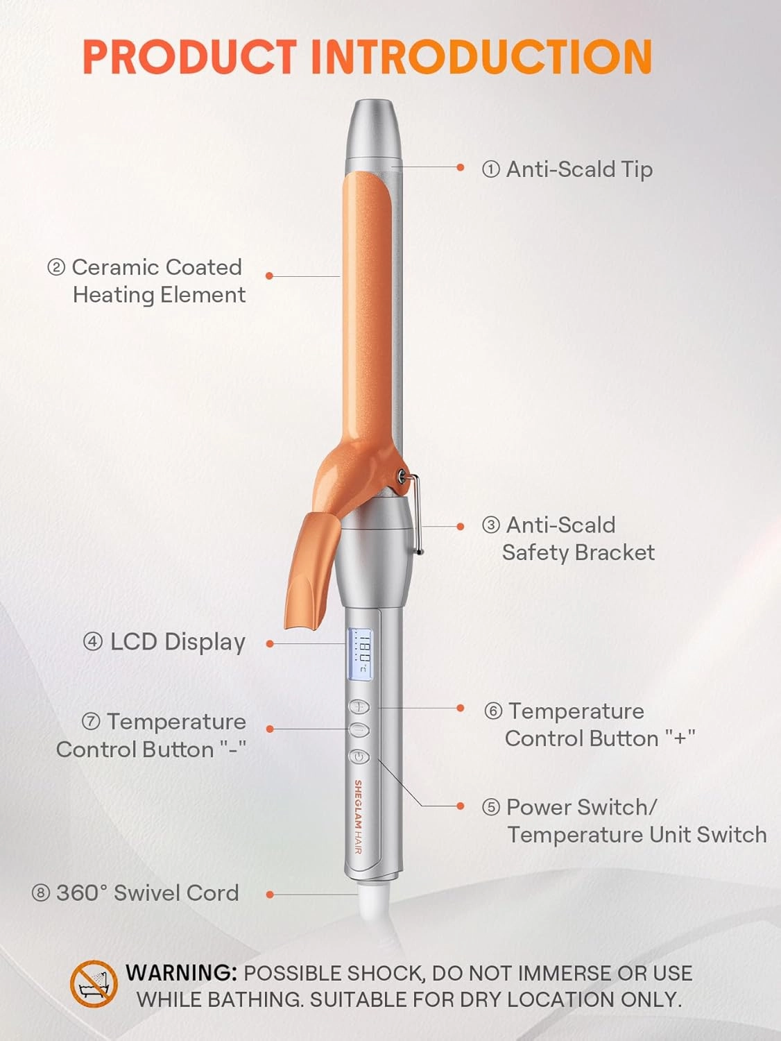 SHEGLAM Curling Iron 1 ¼ inch, Long Barrel Curling Iron with LED Display & 8 Temperature Settings, Quick Preheating, Auto Off Suitable for All Hair Types