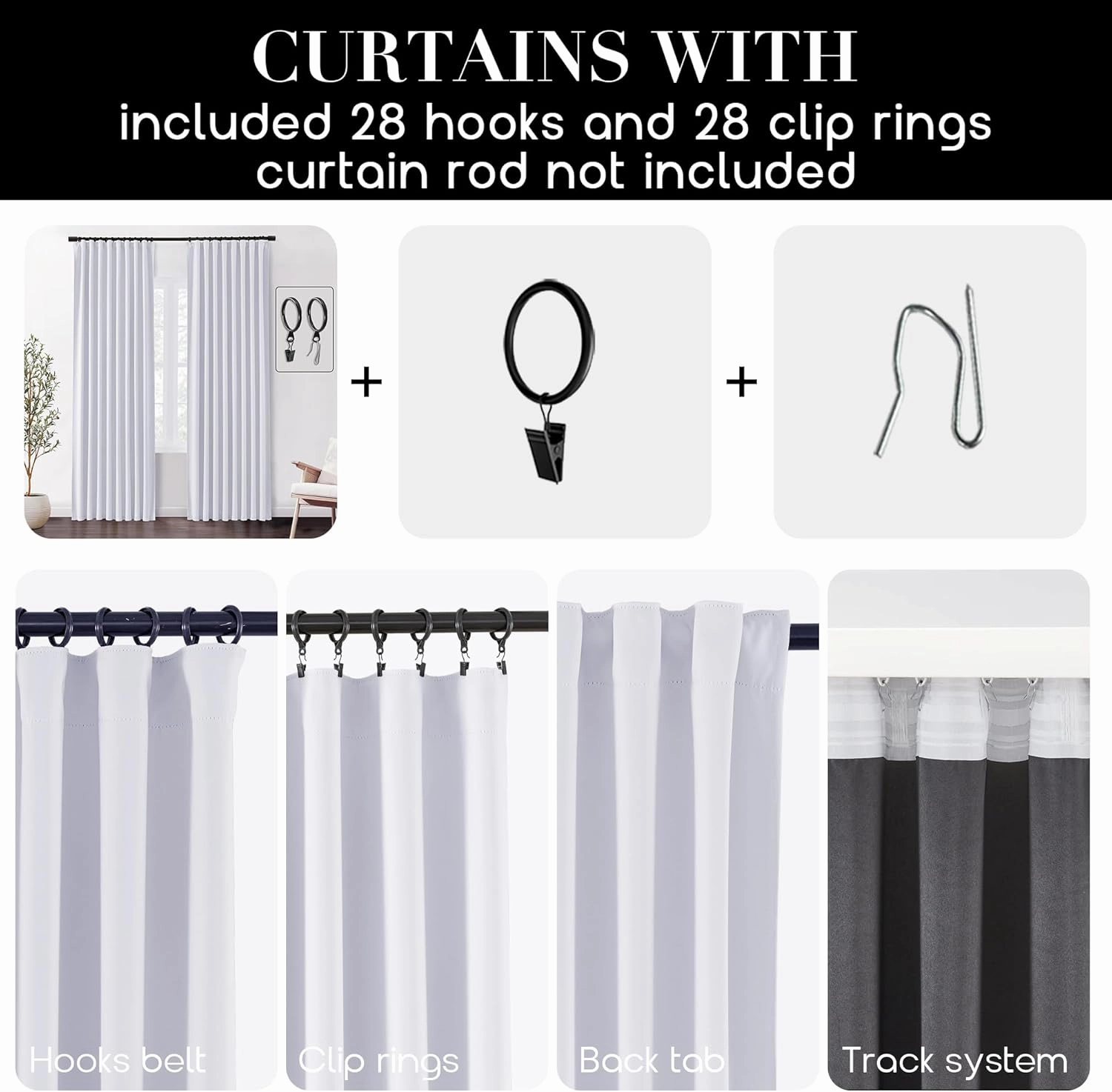 SHINELAND White Blackout Curtains Pleated with Hooks Rings Black Out 84 Inch Length Long 2 Panels Set Living Room Bedroom Curtains,White Curtains 84 Inches Long