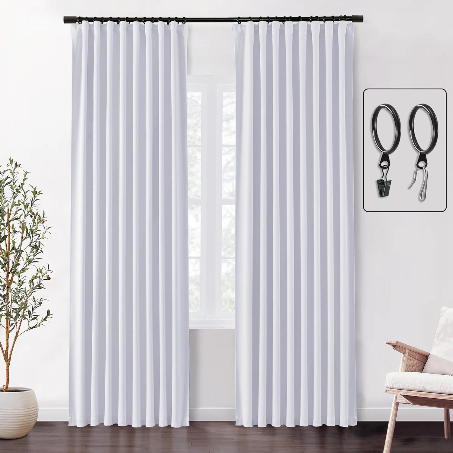 SHINELAND White Blackout Curtains Pleated with Hooks Rings Black Out 84 Inch Length Long 2 Panels Set Living Room Bedroom Curtains,White Curtains 84 Inches Long
