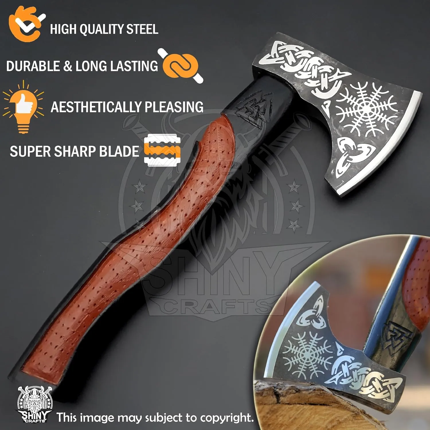 SHINY CRAFTS-Axes Handmade Norse Axe Hatchet - Real Viking Gift for Men, Wood Working Tool, Camping Hatchet with Sheath (SCA 01)
