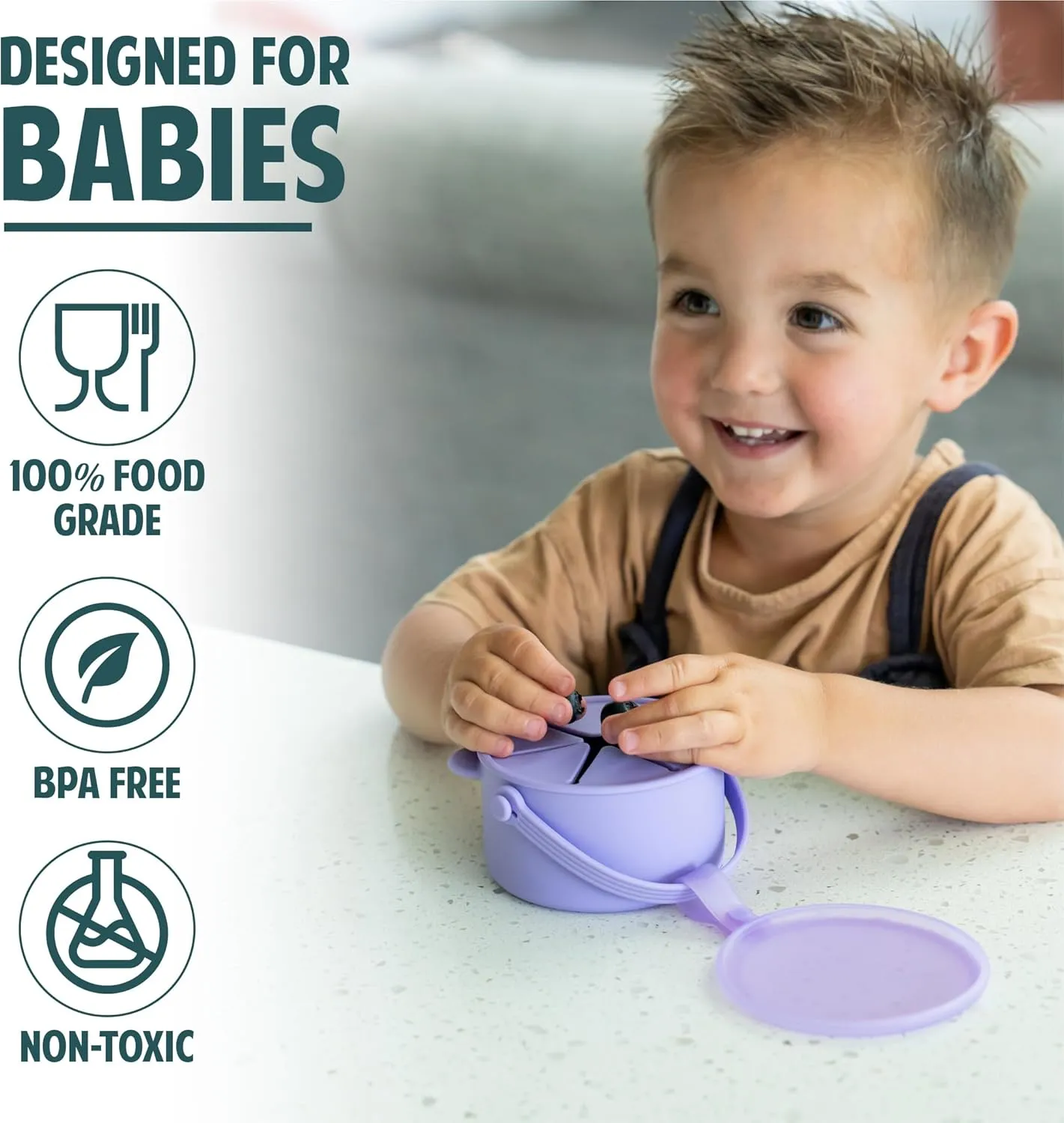 Silicone No Spill Snack Cups for Toddlers – Portable Baby Snack Cup Containers with Dustproof Lid – Dishwasher-Friendly Toddler Spill Proof Cups Without BPA, Lead, or Phthalates – Blue and Beige