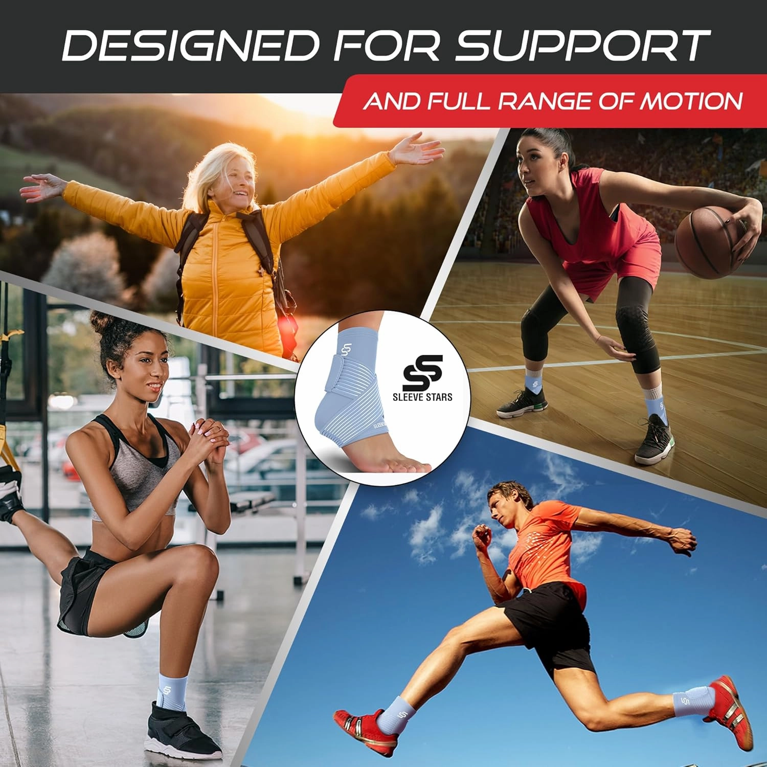 Sleeve Stars Ankle Brace for Women & Men, Ankle Wrap for Sprain, Compression Sleeve for Plantar Fasciitis Relief, Easy Customizable Support: w/ Removable Strap (Single/M:10"-12"/Light Blue)