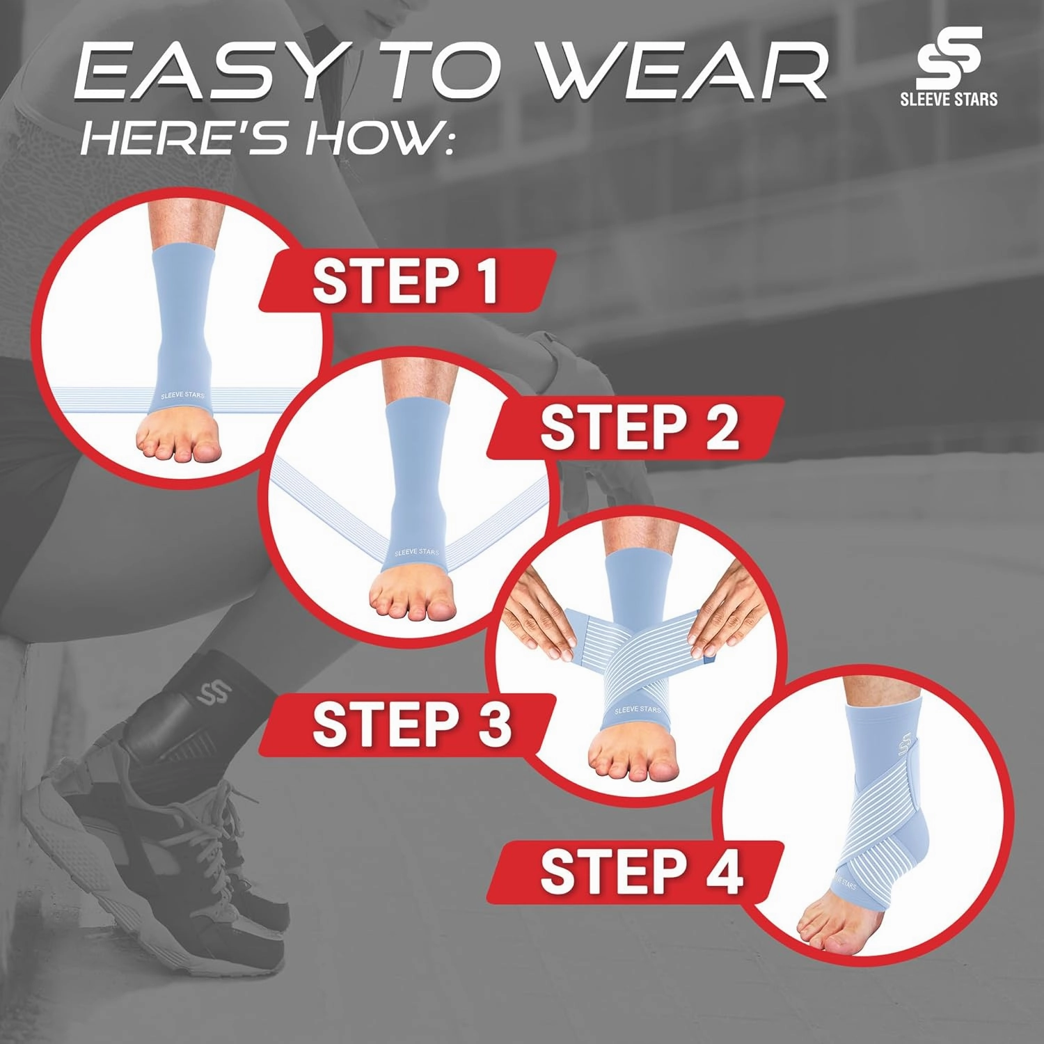 Sleeve Stars Ankle Brace for Women & Men, Ankle Wrap for Sprain, Compression Sleeve for Plantar Fasciitis Relief, Easy Customizable Support: w/ Removable Strap (Single/M:10"-12"/Light Blue)
