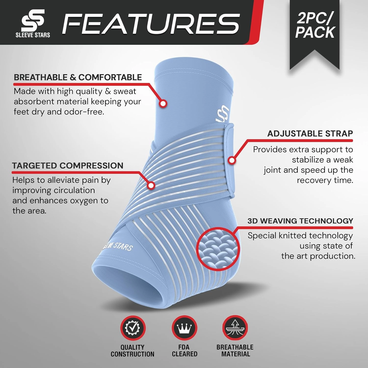 Sleeve Stars Ankle Brace for Women & Men, Ankle Wrap for Sprain, Compression Sleeve for Plantar Fasciitis Relief, Easy Customizable Support: w/ Removable Strap (Single/M:10"-12"/Light Blue)