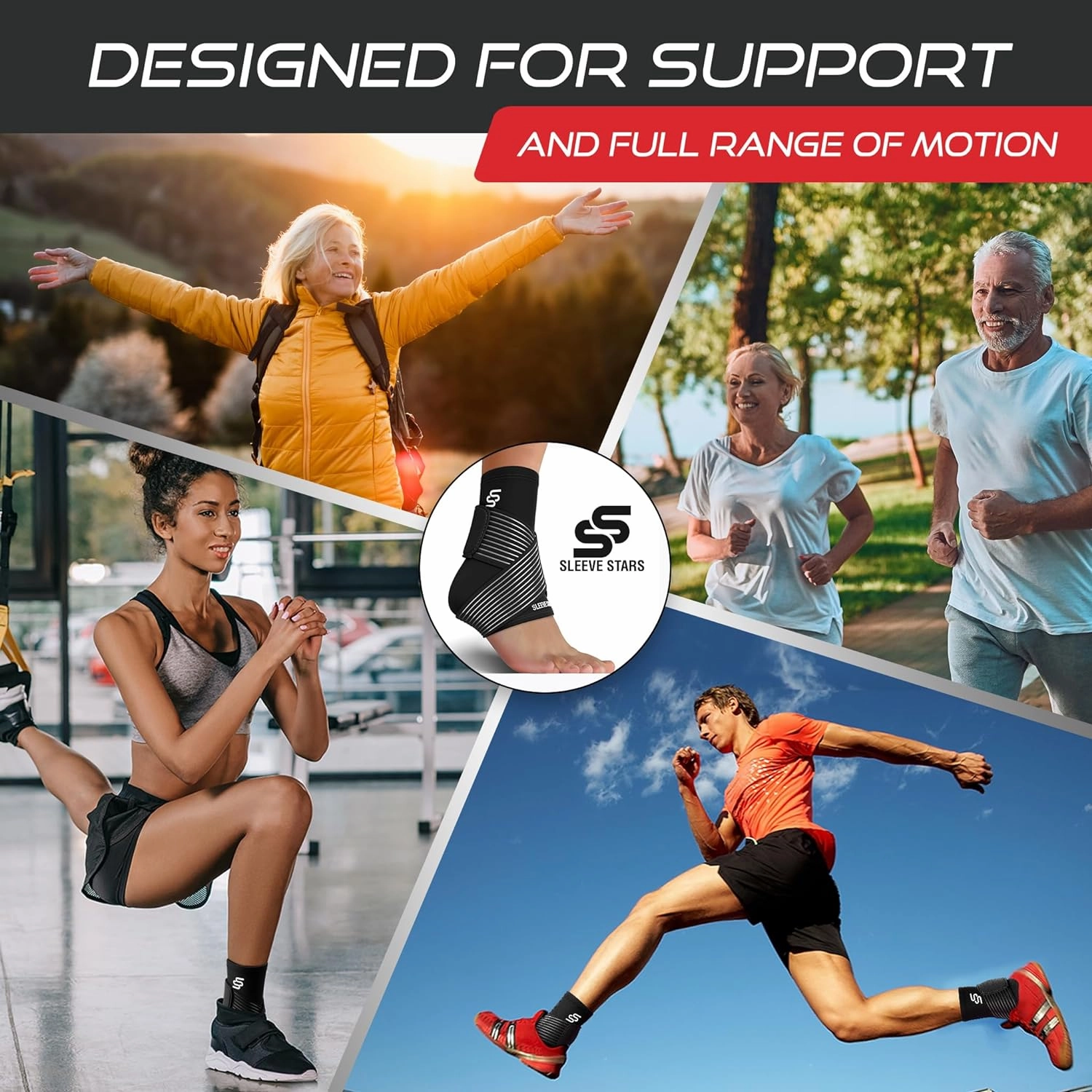 Sleeve Stars Ankle Brace for Women & Men, Ankle Wrap for Sprained Ankle, Compression Sleeve for Plantar Fasciitis Relief, Easy Customizable Support: w/Removable Strap (Single/S:9"-10"/Black)