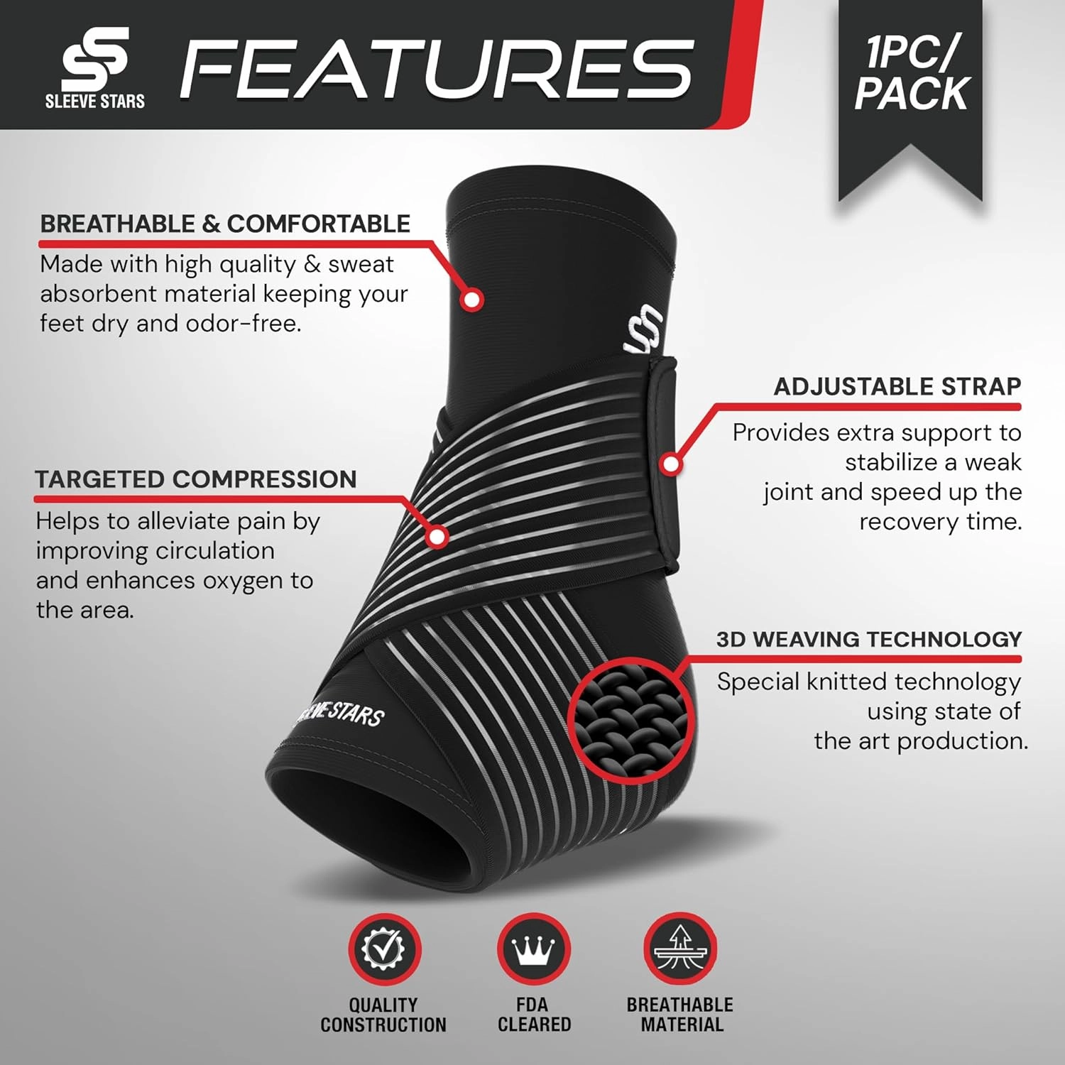 Sleeve Stars Ankle Brace for Women & Men, Ankle Wrap for Sprained Ankle, Compression Sleeve for Plantar Fasciitis Relief, Easy Customizable Support: w/Removable Strap (Single/S:9"-10"/Black)