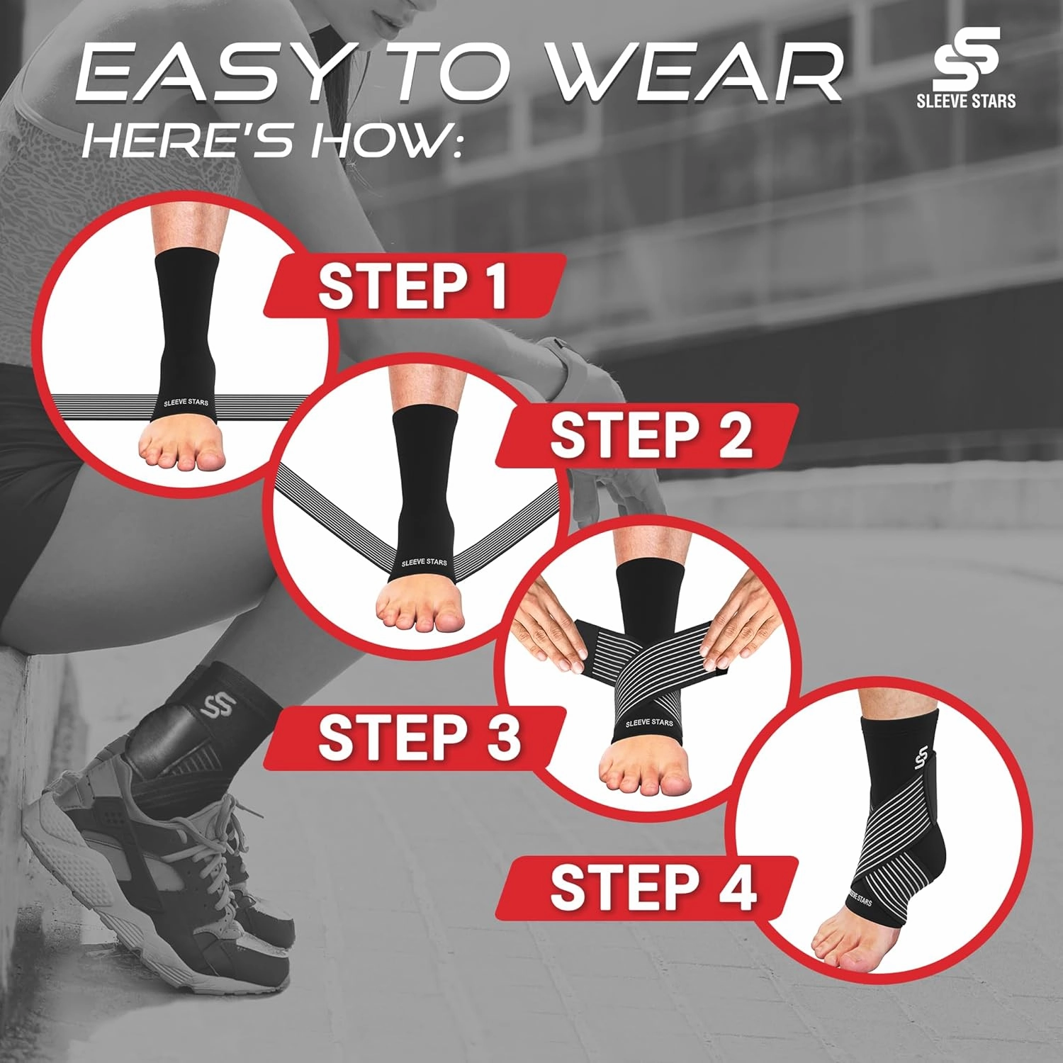 Sleeve Stars Ankle Brace for Women & Men, Ankle Wrap for Sprained Ankle, Compression Sleeve for Plantar Fasciitis Relief, Easy Customizable Support: w/Removable Strap (Single/S:9"-10"/Black)