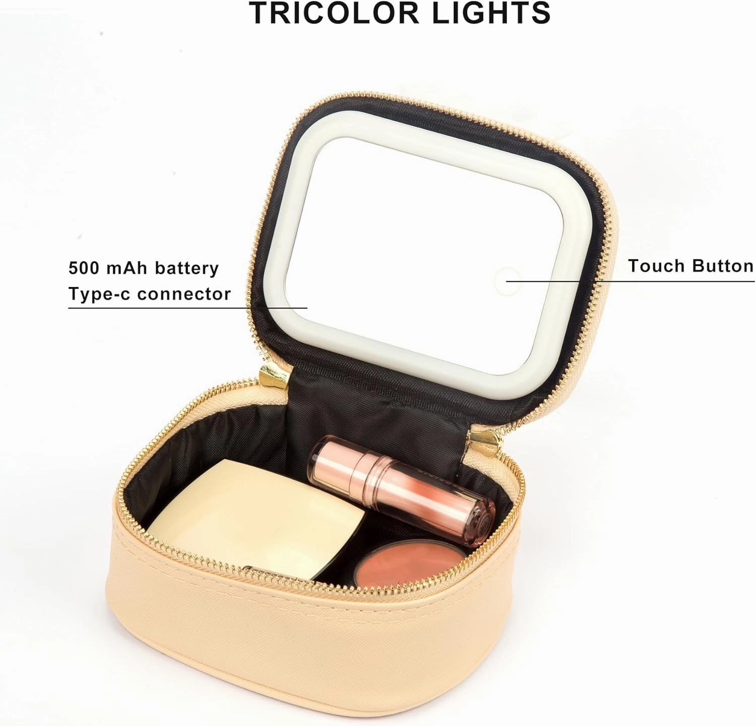 Small Makeup Bag with LED Mirror, Mini Cosmetic Bag for Purse,3 Adjustable Brightness,PU Material,USB Charging,5.9 x 4.5 x 2.8 inch,Cute Preppy Beige