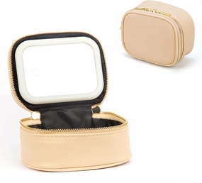 Small Makeup Bag with LED Mirror, Mini Cosmetic Bag for Purse,3 Adjustable Brightness,PU Material,USB Charging,5.9 x 4.5 x 2.8 inch,Cute Preppy Beige