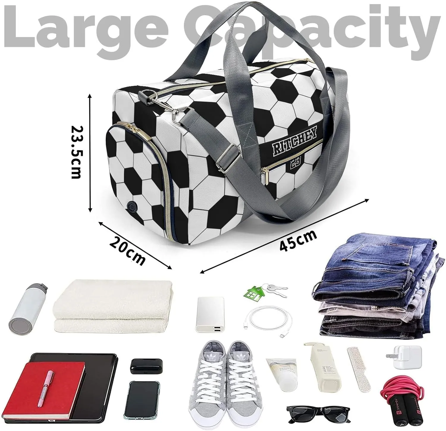 Soccer Pattern Personalized Duffel Bag Custom Women Men Multi-Function Travel Bag Gym Sports Bag Gymnastic Yoga Bag Carry On Overnight Weekend Duffel Bags