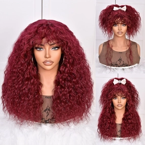 SOFUN Burgundy Curly Wig With Bangs for Black Women Long Curly Human Hair Glueless Wig for Daily,Realistic Look with True Scalp