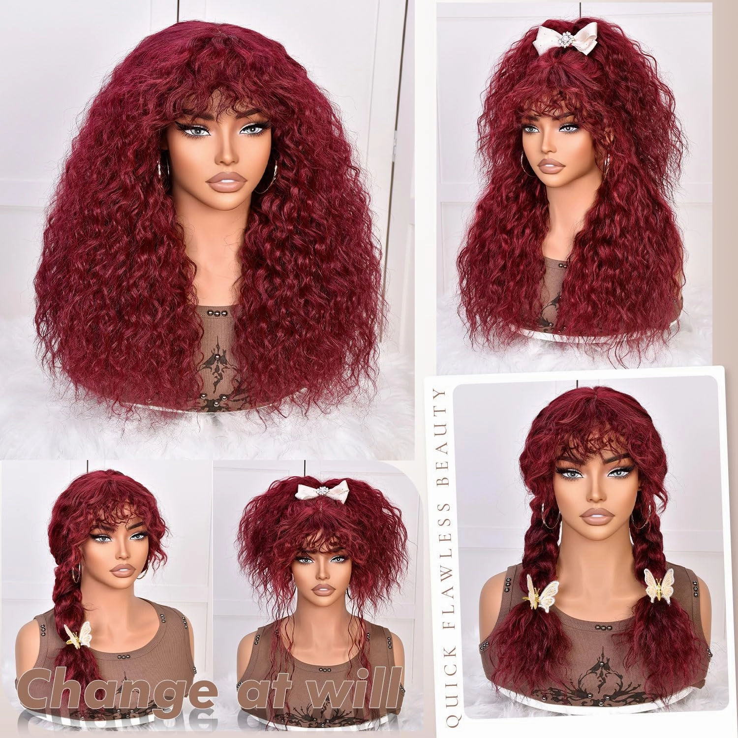 SOFUN Burgundy Curly Wig With Bangs for Black Women Long Curly Human Hair Glueless Wig for Daily,Realistic Look with True Scalp