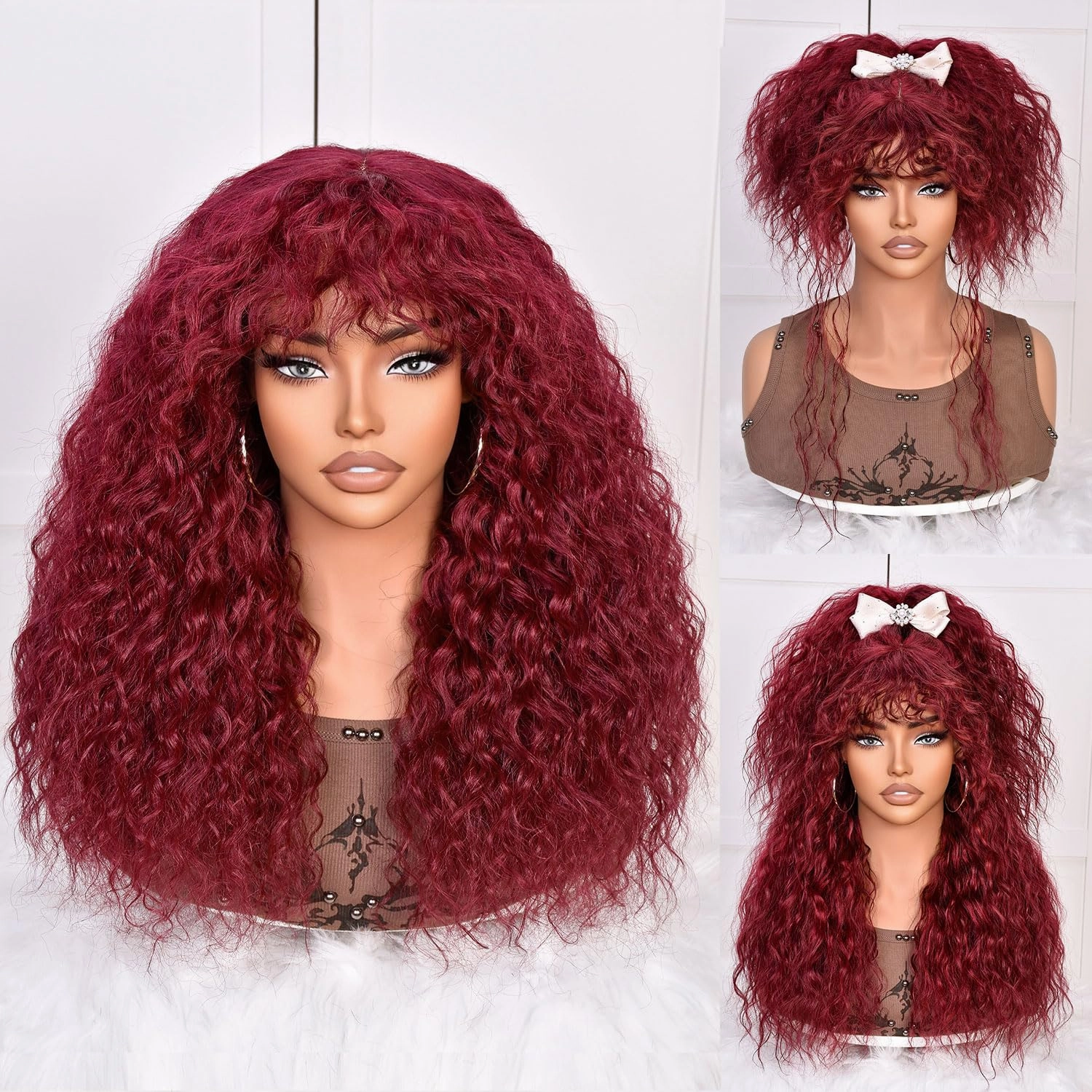 SOFUN Burgundy Curly Wig With Bangs for Black Women Long Curly Human Hair Glueless Wig for Daily,Realistic Look with True Scalp