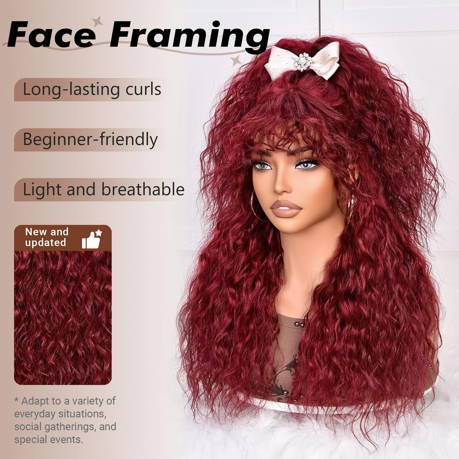 SOFUN Burgundy Curly Wig With Bangs for Black Women Long Curly Human Hair Glueless Wig for Daily,Realistic Look with True Scalp