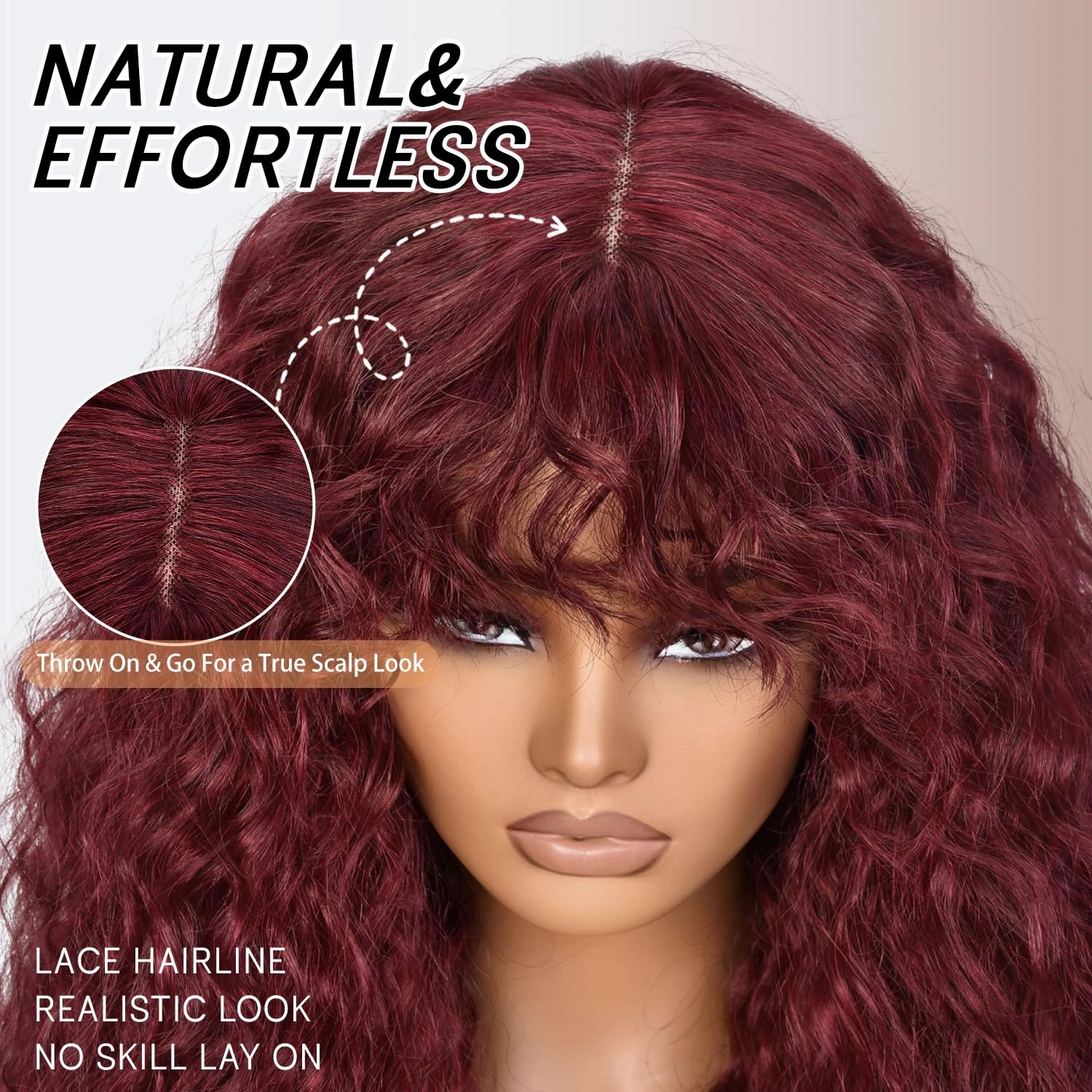SOFUN Burgundy Curly Wig With Bangs for Black Women Long Curly Human Hair Glueless Wig for Daily,Realistic Look with True Scalp
