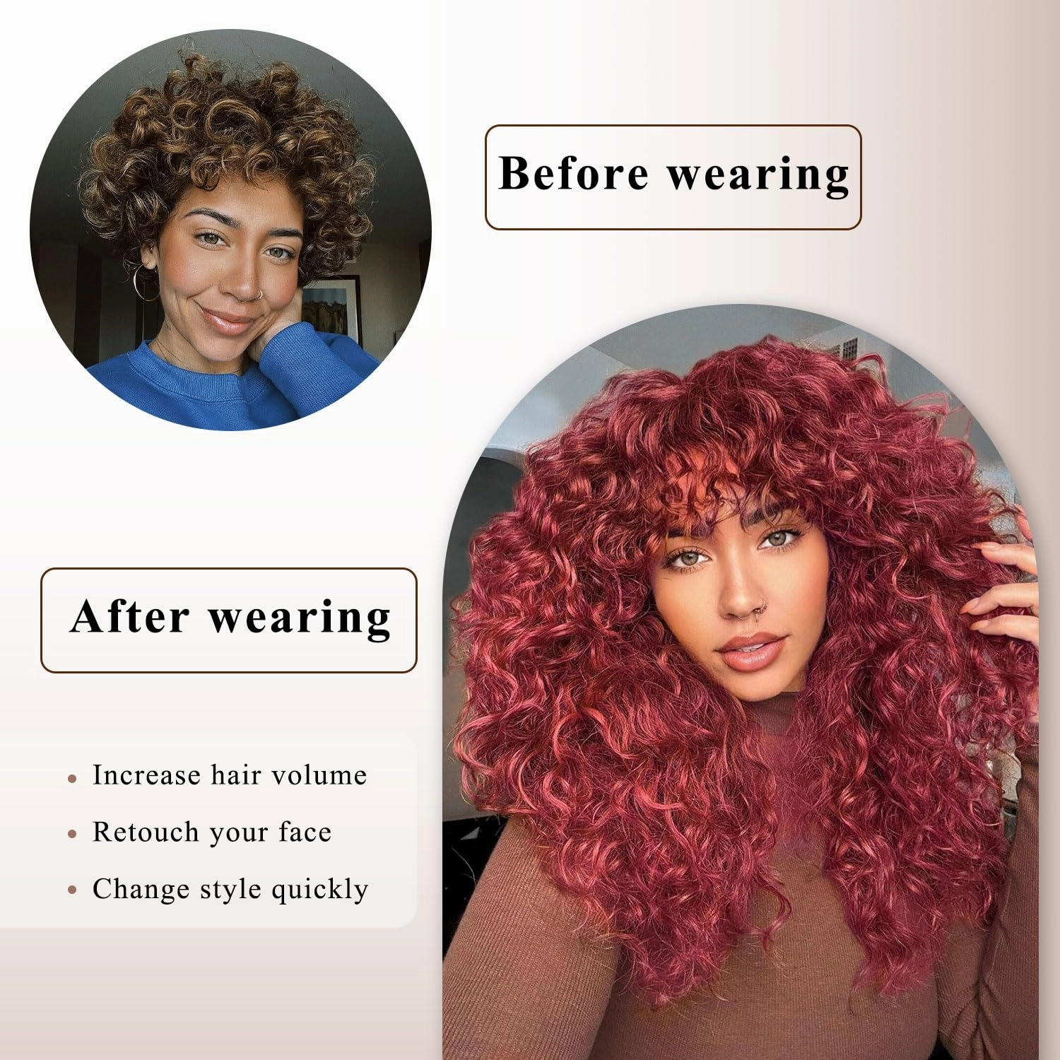 SOFUN Burgundy Curly Wig With Bangs for Black Women Long Curly Human Hair Glueless Wig for Daily,Realistic Look with True Scalp
