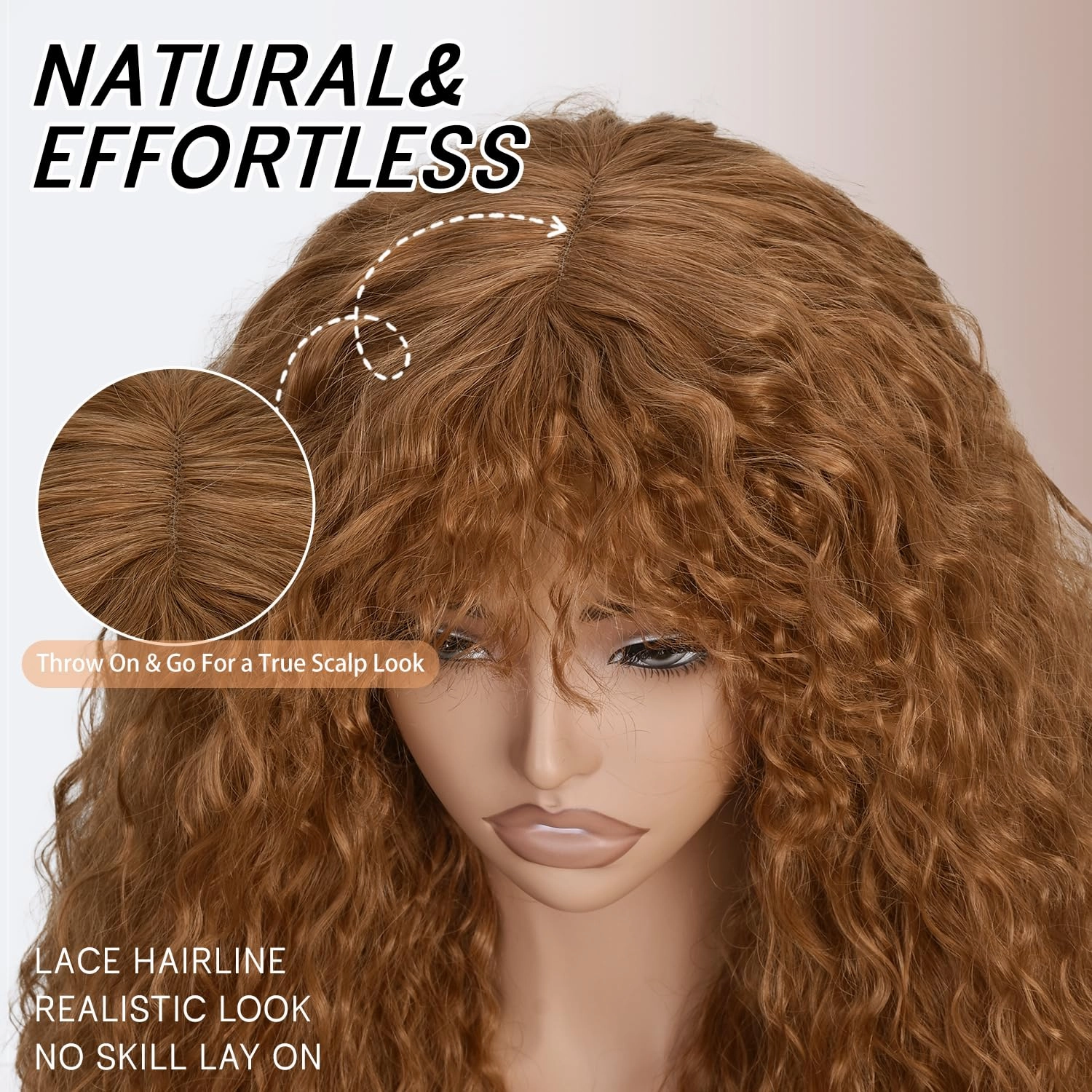 SOFUN Curly Wig With Bangs for Black Women long Curly Human Hair Glueless Wig for Daily,Realistic Look with True Scalp(Brownish Yellow)