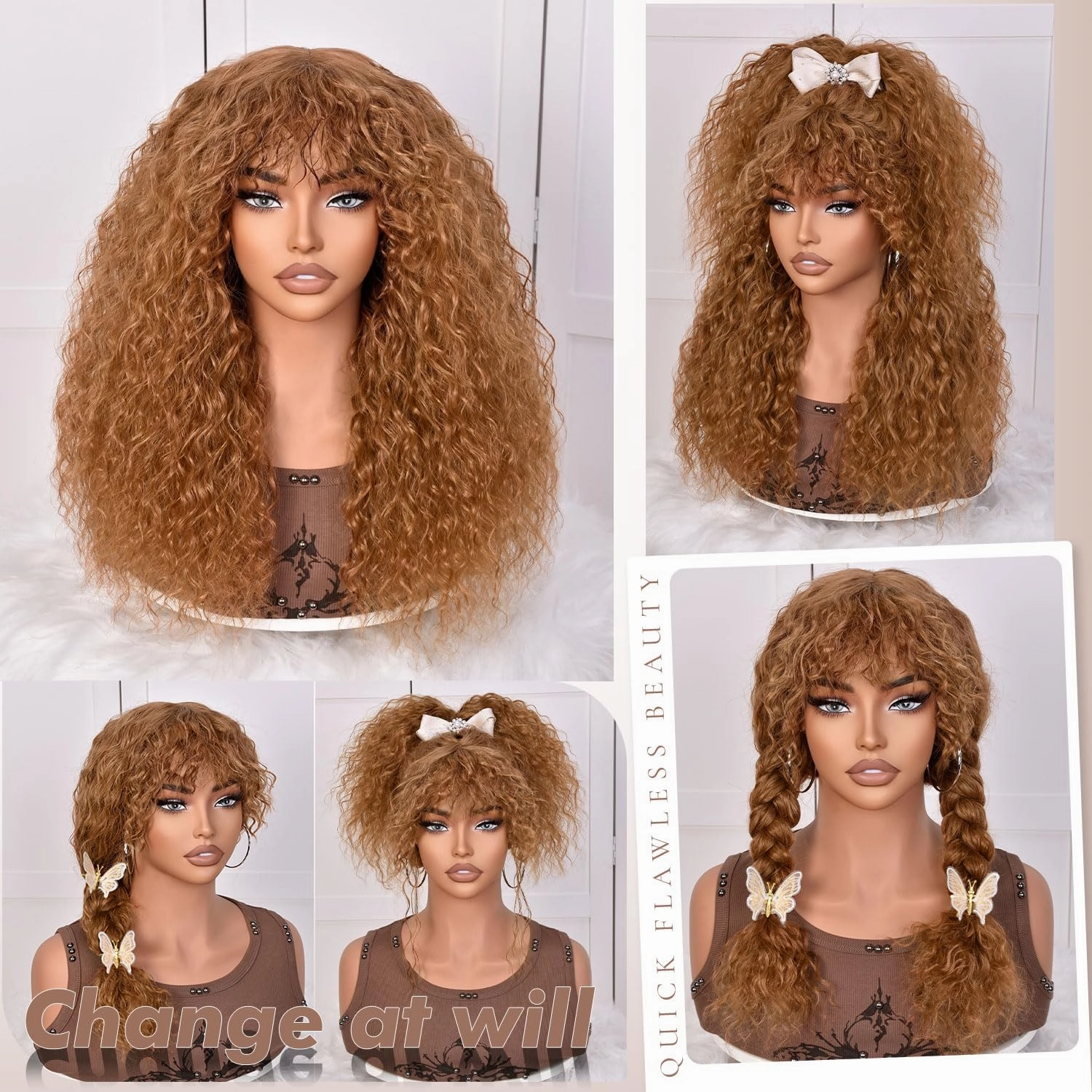 SOFUN Curly Wig With Bangs for Black Women long Curly Human Hair Glueless Wig for Daily,Realistic Look with True Scalp(Brownish Yellow)
