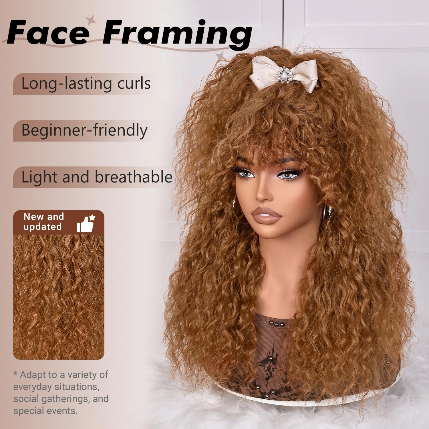 SOFUN Curly Wig With Bangs for Black Women long Curly Human Hair Glueless Wig for Daily,Realistic Look with True Scalp(Brownish Yellow)