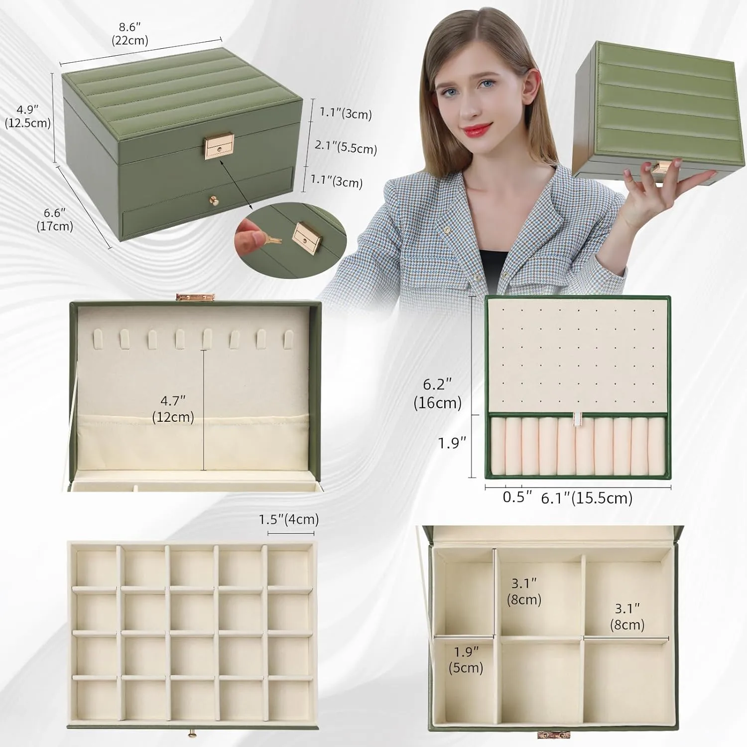 Song Xi Jewelry Box 3 Layers, Large PU Leather Jewelry Box, Jewelry Organizers and Storage for Earring, Necklace, Watches, Lockable Green Jewelry Organizer Boxes Party Gifts for Men Women