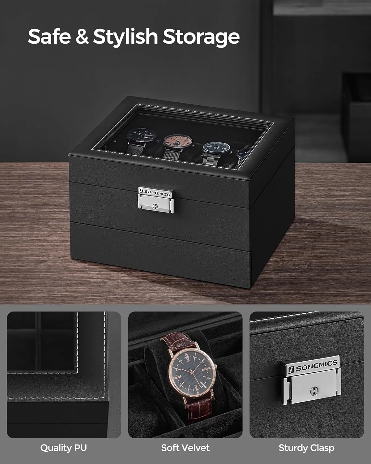 SONGMICS 8-Slot Watch Box, Lockable Watch Case with Glass Lid, 2 Layers, with 1 Drawer for Rings, Bracelets, Gift Idea, Black Synthetic Leather, Black Lining UJWB080B01