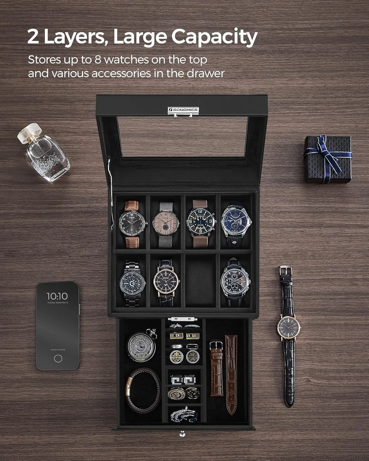 SONGMICS 8-Slot Watch Box, Lockable Watch Case with Glass Lid, 2 Layers, with 1 Drawer for Rings, Bracelets, Gift Idea, Black Synthetic Leather, Black Lining UJWB080B01