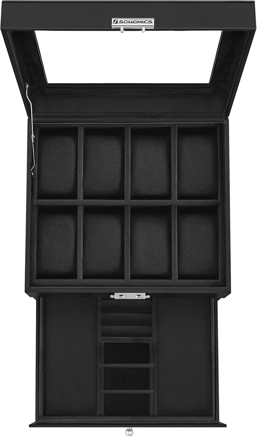 SONGMICS 8-Slot Watch Box, Lockable Watch Case with Glass Lid, 2 Layers, with 1 Drawer for Rings, Bracelets, Gift Idea, Black Synthetic Leather, Black Lining UJWB080B01
