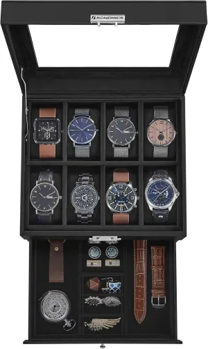 SONGMICS 8-Slot Watch Box, Lockable Watch Case with Glass Lid, 2 Layers, with 1 Drawer for Rings, Bracelets, Gift Idea, Black Synthetic Leather, Black Lining UJWB080B01