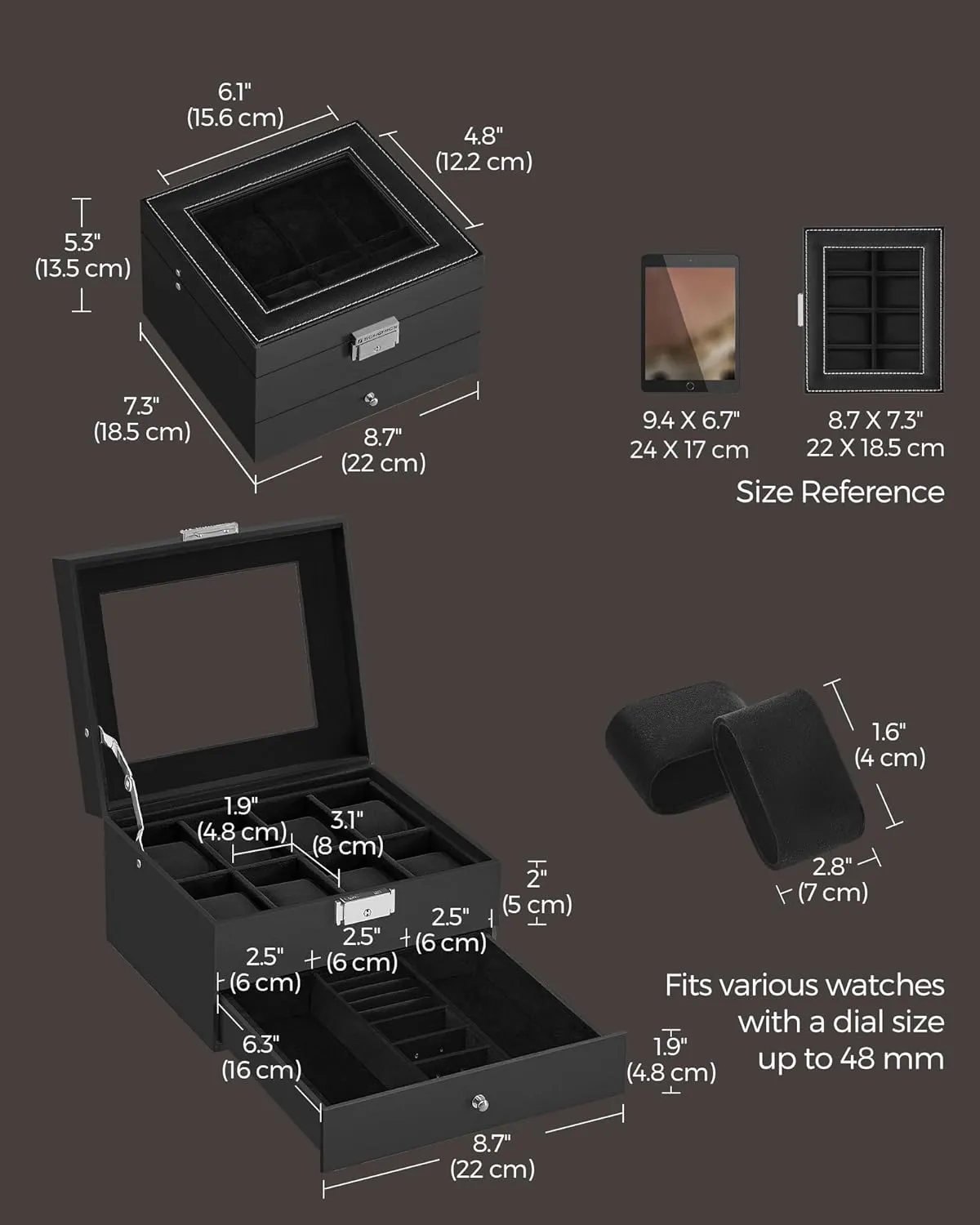 SONGMICS 8-Slot Watch Box, Lockable Watch Case with Glass Lid, 2 Layers, with 1 Drawer for Rings, Bracelets, Gift Idea, Black Synthetic Leather, Black Lining UJWB080B01