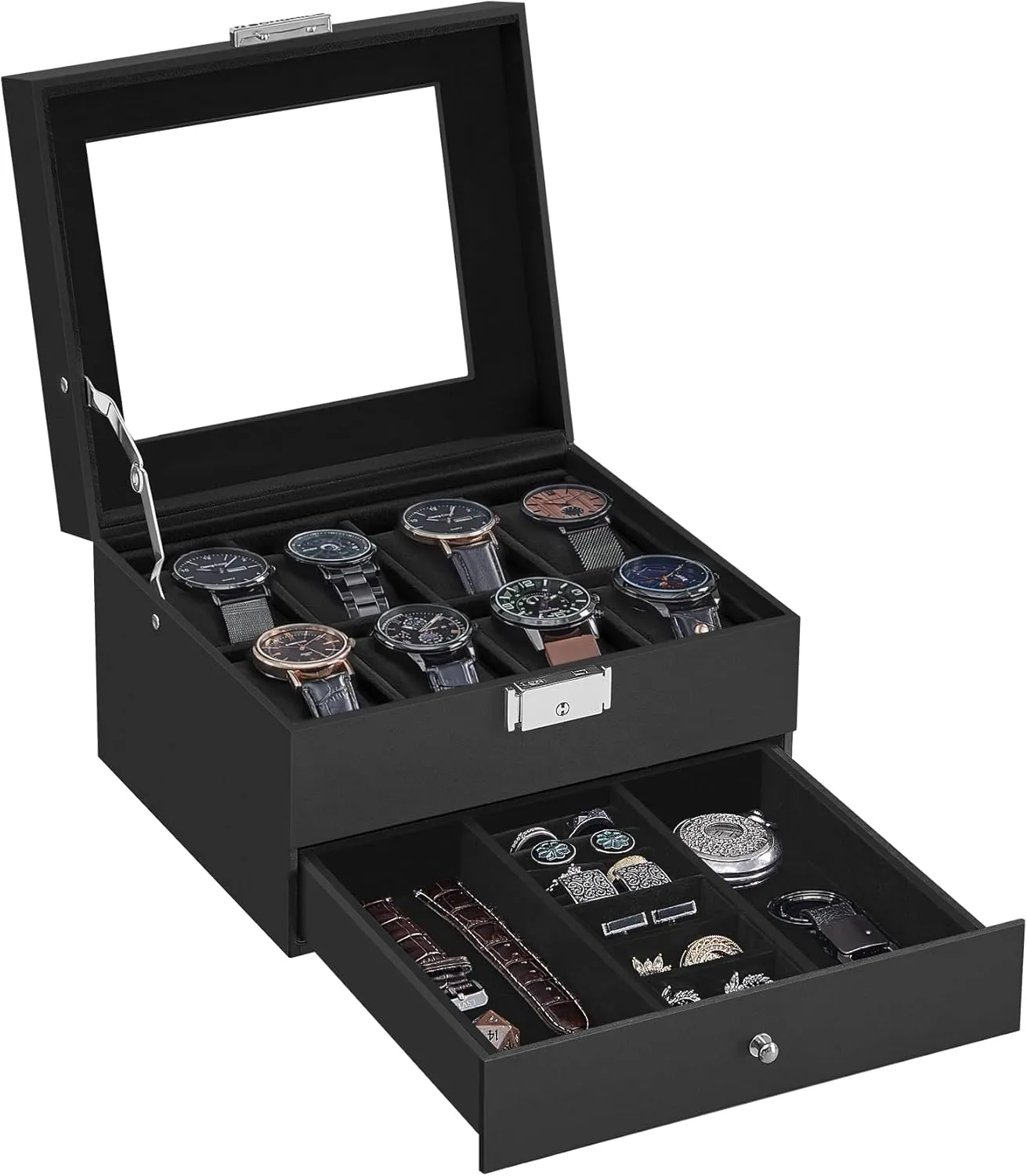SONGMICS 8-Slot Watch Box, Lockable Watch Case with Glass Lid, 2 Layers, with 1 Drawer for Rings, Bracelets, Gift Idea, Black Synthetic Leather, Black Lining UJWB080B01