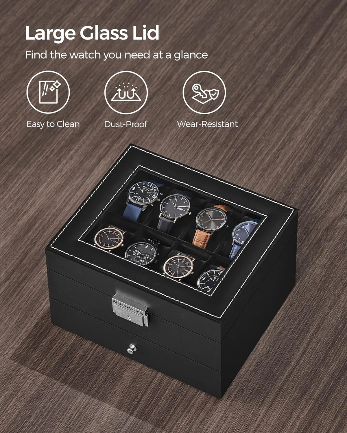 SONGMICS 8-Slot Watch Box, Lockable Watch Case with Glass Lid, 2 Layers, with 1 Drawer for Rings, Bracelets, Gift Idea, Black Synthetic Leather, Black Lining UJWB080B01