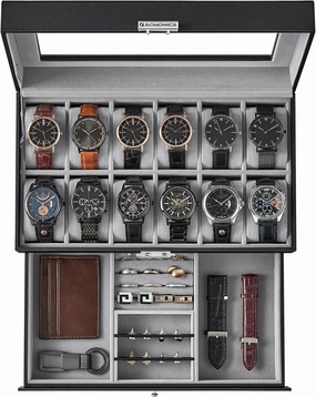 SONGMICS 12-Slot Watch Box, Lockable Watch Case with Glass Lid, 2 Layers, with 1 Drawer for Rings, Bracelets, Gift Idea, Black Synthetic Leather, Gray Lining UJWB012