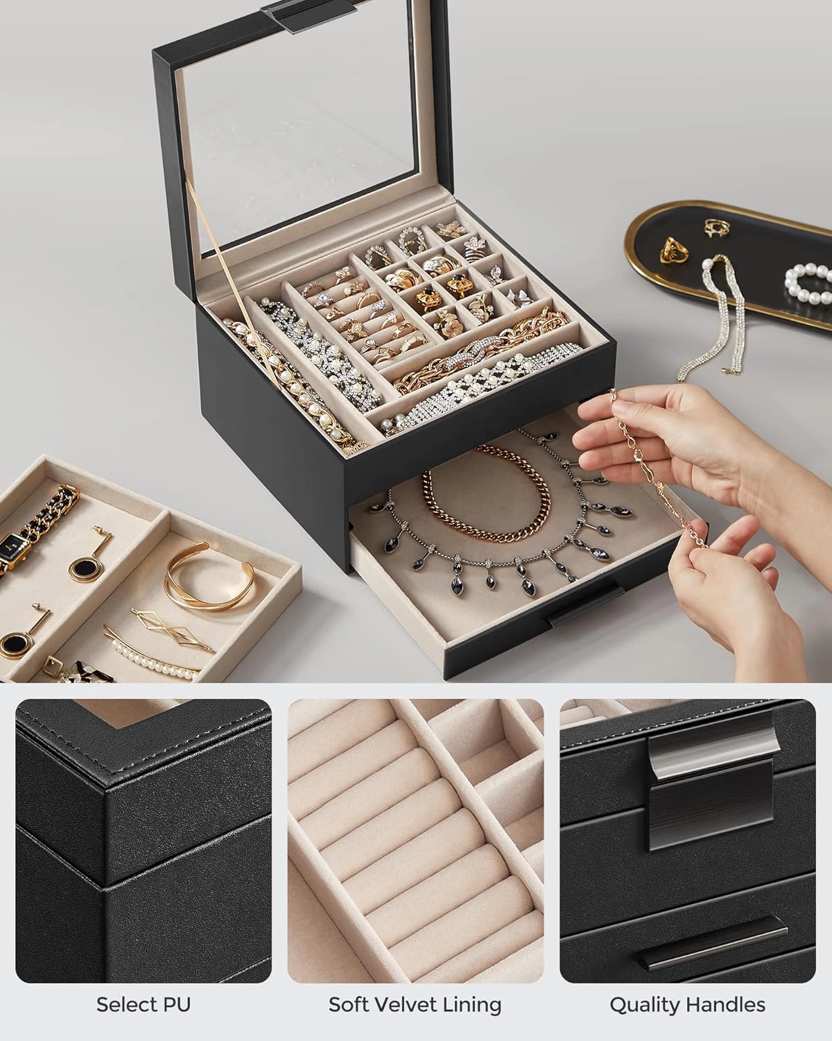 SONGMICS Jewelry Box Organizer with Glass Lid, 3-Layer Jewelry Storage, with 2 Drawers, Modern Style, 8 x 9.1 x 5.3 Inches, Graphite Black and Silver UJBC239BK