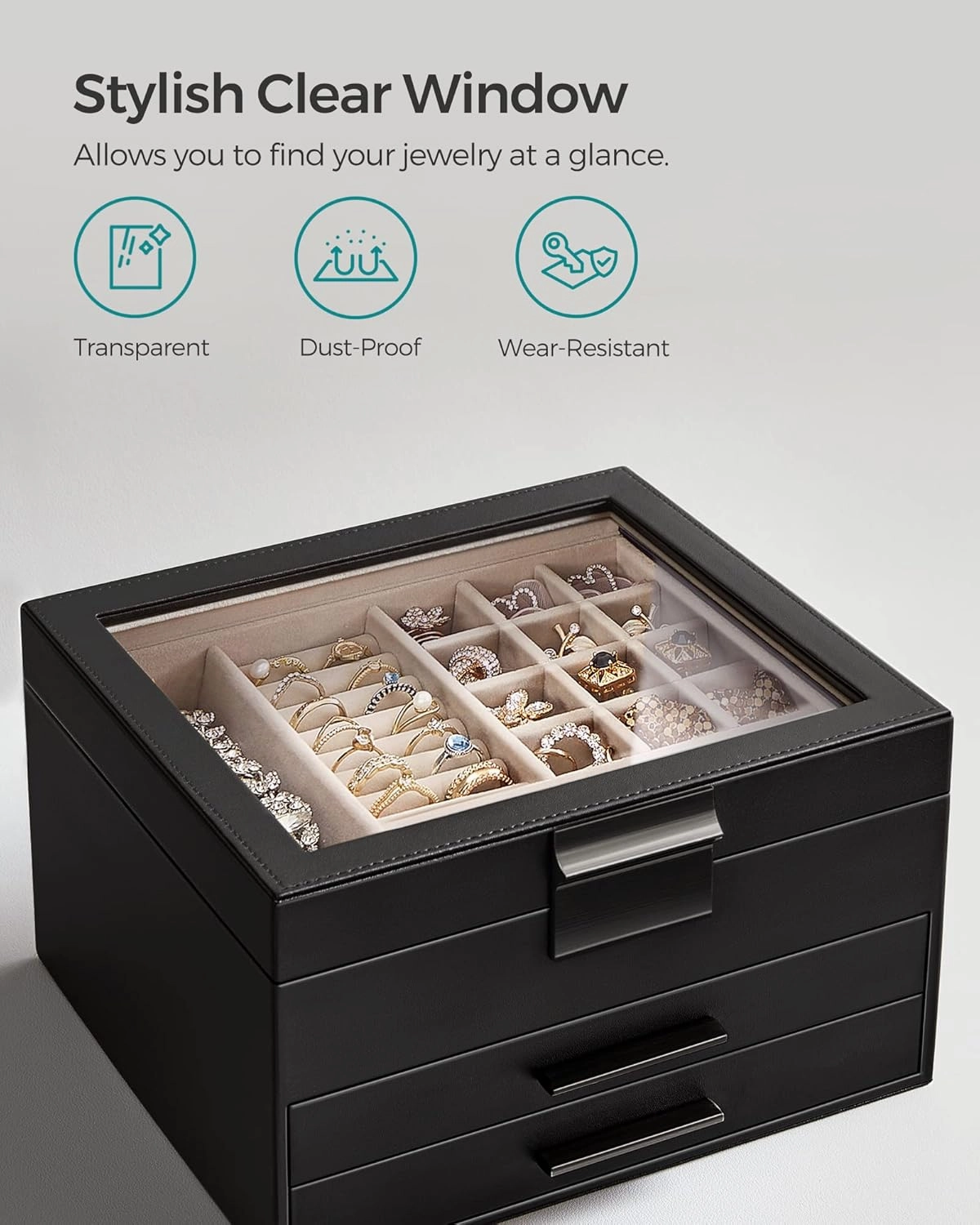 SONGMICS Jewelry Box Organizer with Glass Lid, 3-Layer Jewelry Storage, with 2 Drawers, Modern Style, 8 x 9.1 x 5.3 Inches, Graphite Black and Silver UJBC239BK