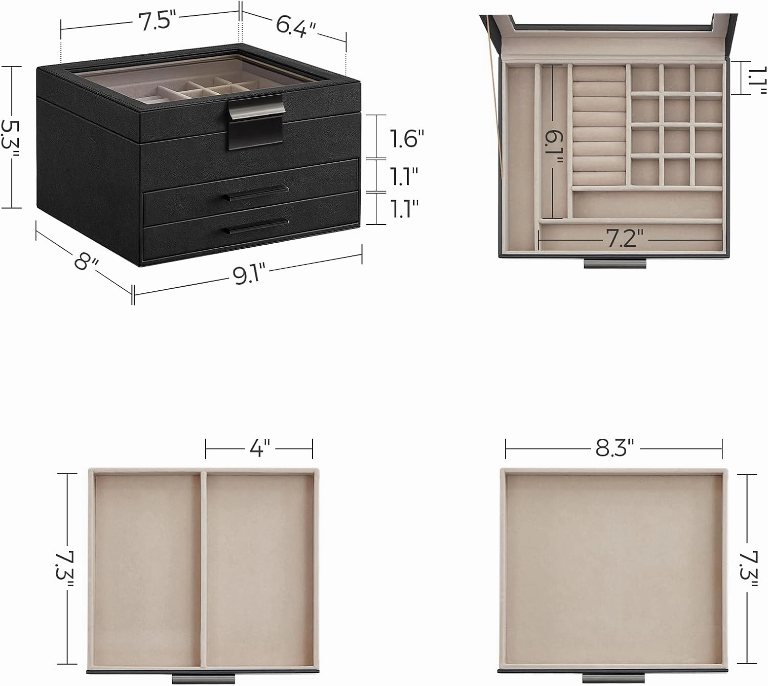 SONGMICS Jewelry Box Organizer with Glass Lid, 3-Layer Jewelry Storage, with 2 Drawers, Modern Style, 8 x 9.1 x 5.3 Inches, Graphite Black and Silver UJBC239BK