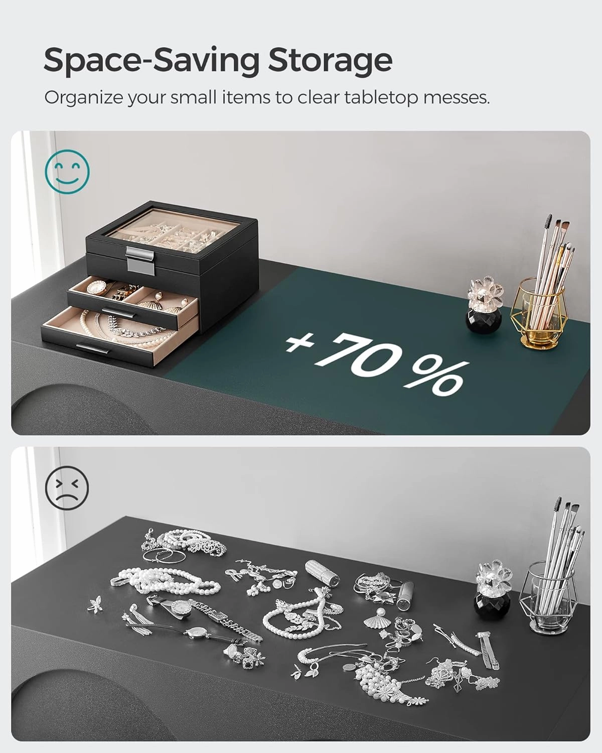 SONGMICS Jewelry Box Organizer with Glass Lid, 3-Layer Jewelry Storage, with 2 Drawers, Modern Style, 8 x 9.1 x 5.3 Inches, Graphite Black and Silver UJBC239BK