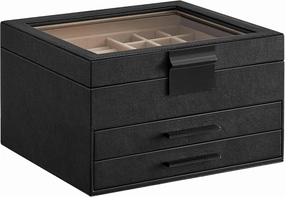 SONGMICS Jewelry Box Organizer with Glass Lid, 3-Layer Jewelry Storage, with 2 Drawers, Modern Style, 8 x 9.1 x 5.3 Inches, Graphite Black and Silver UJBC239BK