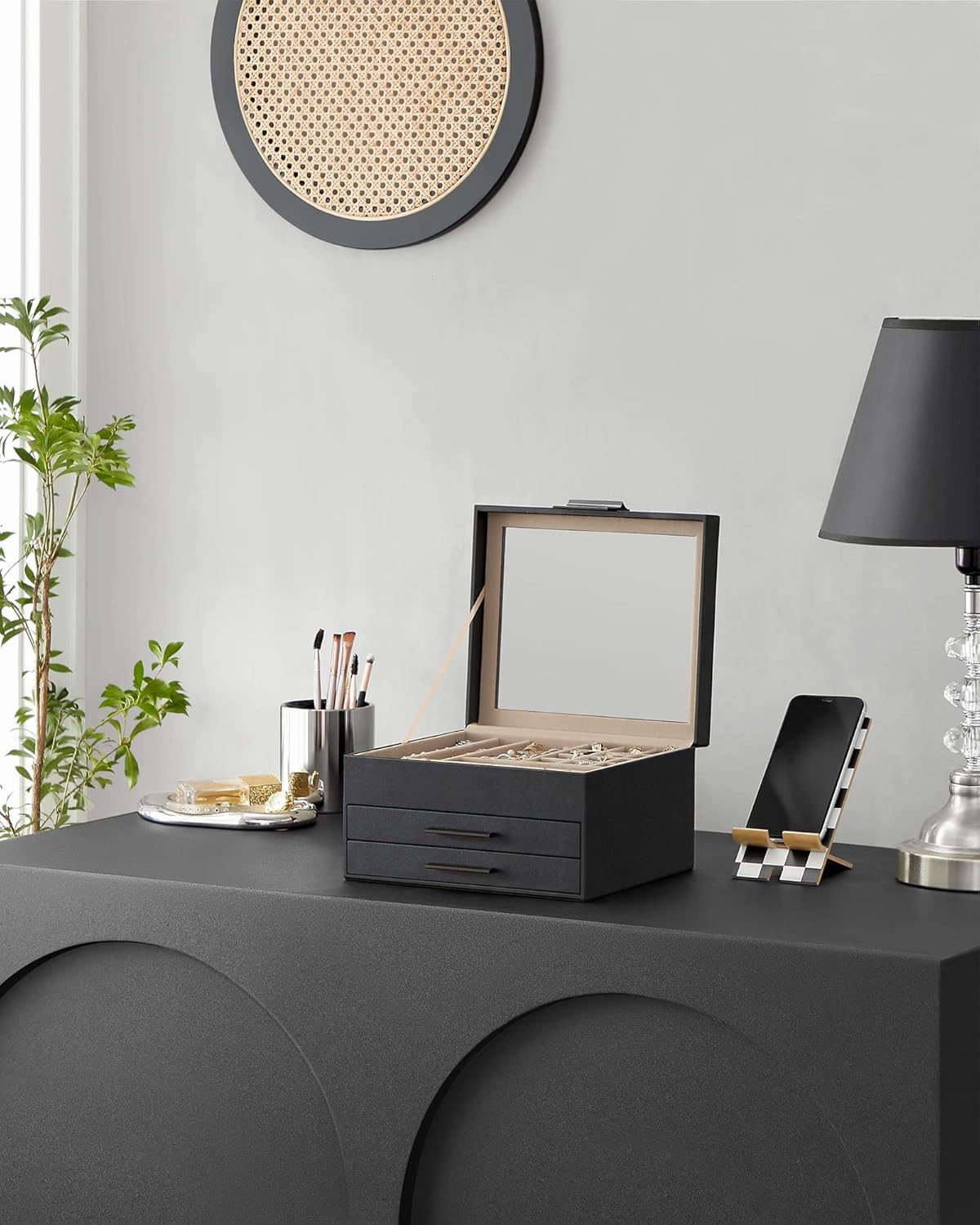 SONGMICS Jewelry Box Organizer with Glass Lid, 3-Layer Jewelry Storage, with 2 Drawers, Modern Style, 8 x 9.1 x 5.3 Inches, Graphite Black and Silver UJBC239BK