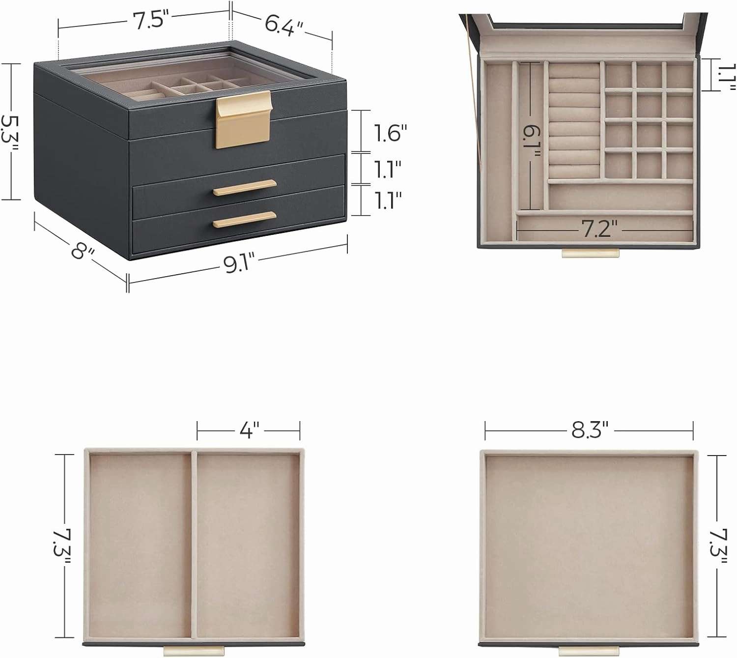 SONGMICS Jewelry Box Organizer with Glass Lid, 3-Layer Jewelry Storage, with 2 Drawers, Modern Style, 8 x 9.1 x 5.3 Inches, Interstellar Gray and Gold Color UJBC239G02