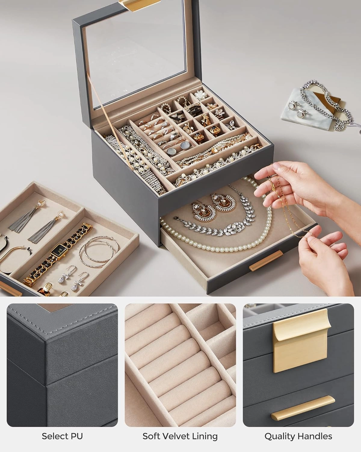 SONGMICS Jewelry Box Organizer with Glass Lid, 3-Layer Jewelry Storage, with 2 Drawers, Modern Style, 8 x 9.1 x 5.3 Inches, Interstellar Gray and Gold Color UJBC239G02