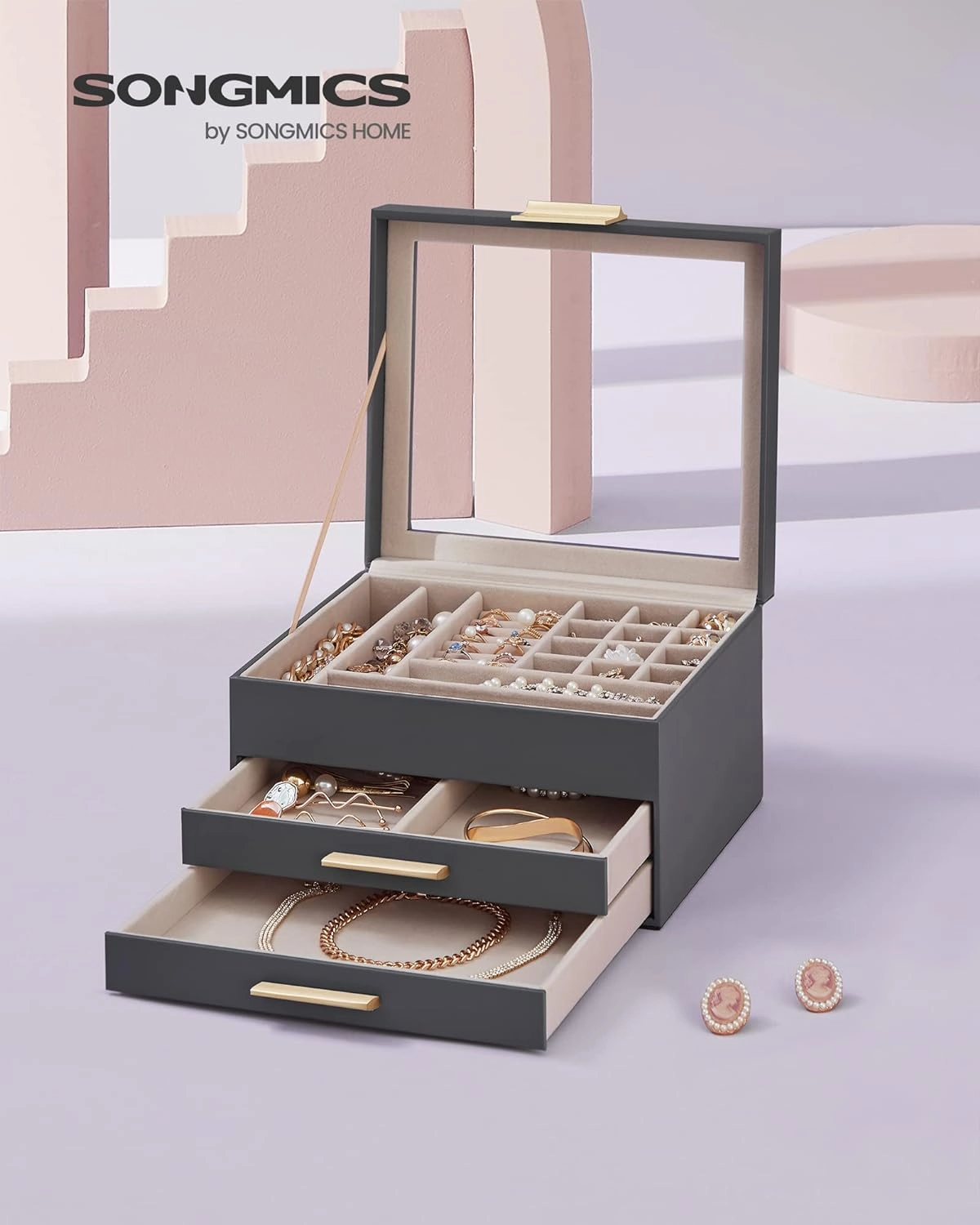 SONGMICS Jewelry Box Organizer with Glass Lid, 3-Layer Jewelry Storage, with 2 Drawers, Modern Style, 8 x 9.1 x 5.3 Inches, Interstellar Gray and Gold Color UJBC239G02