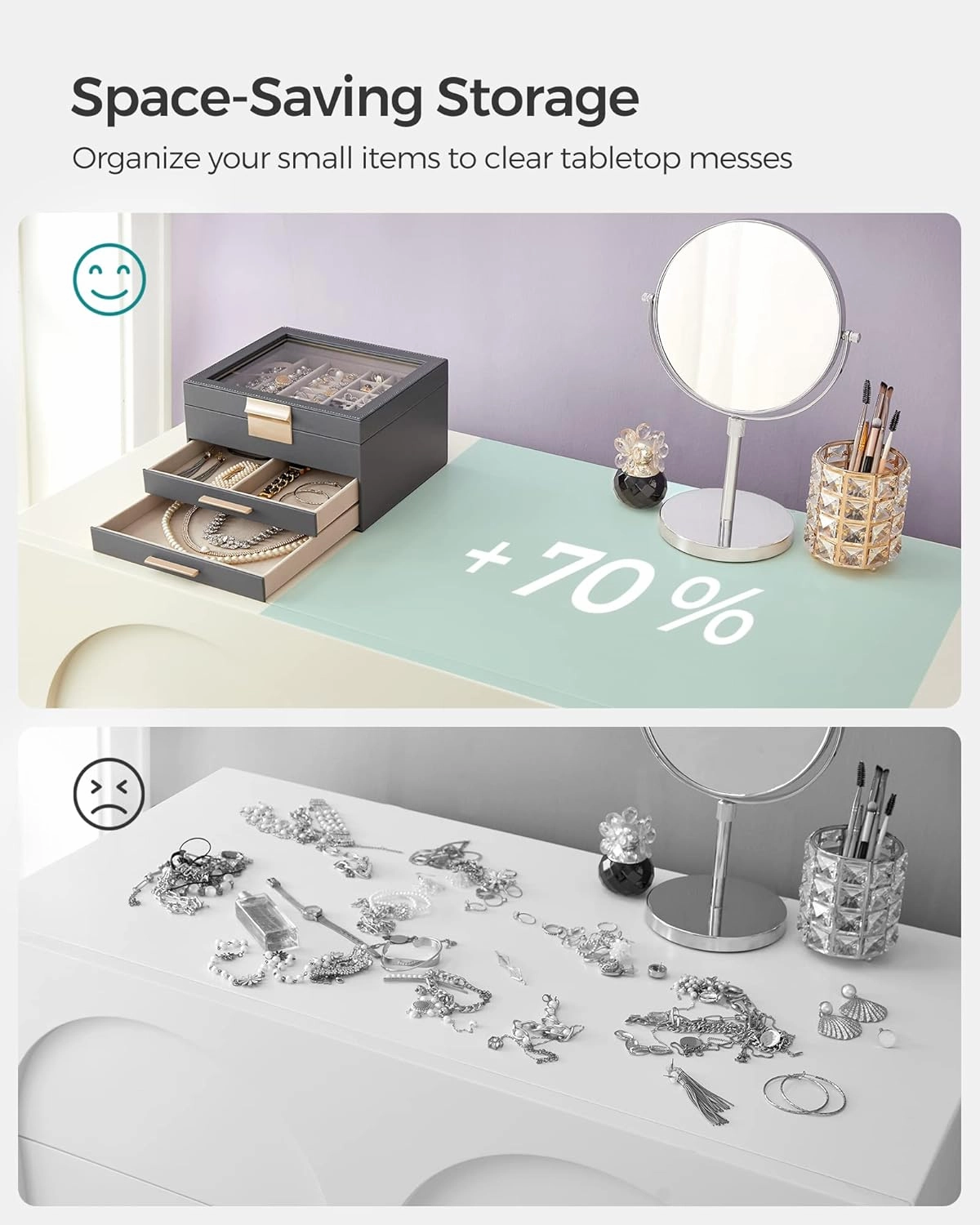 SONGMICS Jewelry Box Organizer with Glass Lid, 3-Layer Jewelry Storage, with 2 Drawers, Modern Style, 8 x 9.1 x 5.3 Inches, Interstellar Gray and Gold Color UJBC239G02