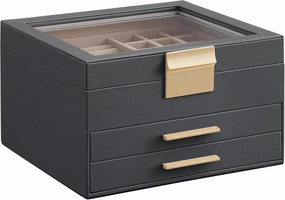 SONGMICS Jewelry Box Organizer with Glass Lid, 3-Layer Jewelry Storage, with 2 Drawers, Modern Style, 8 x 9.1 x 5.3 Inches, Interstellar Gray and Gold Color UJBC239G02