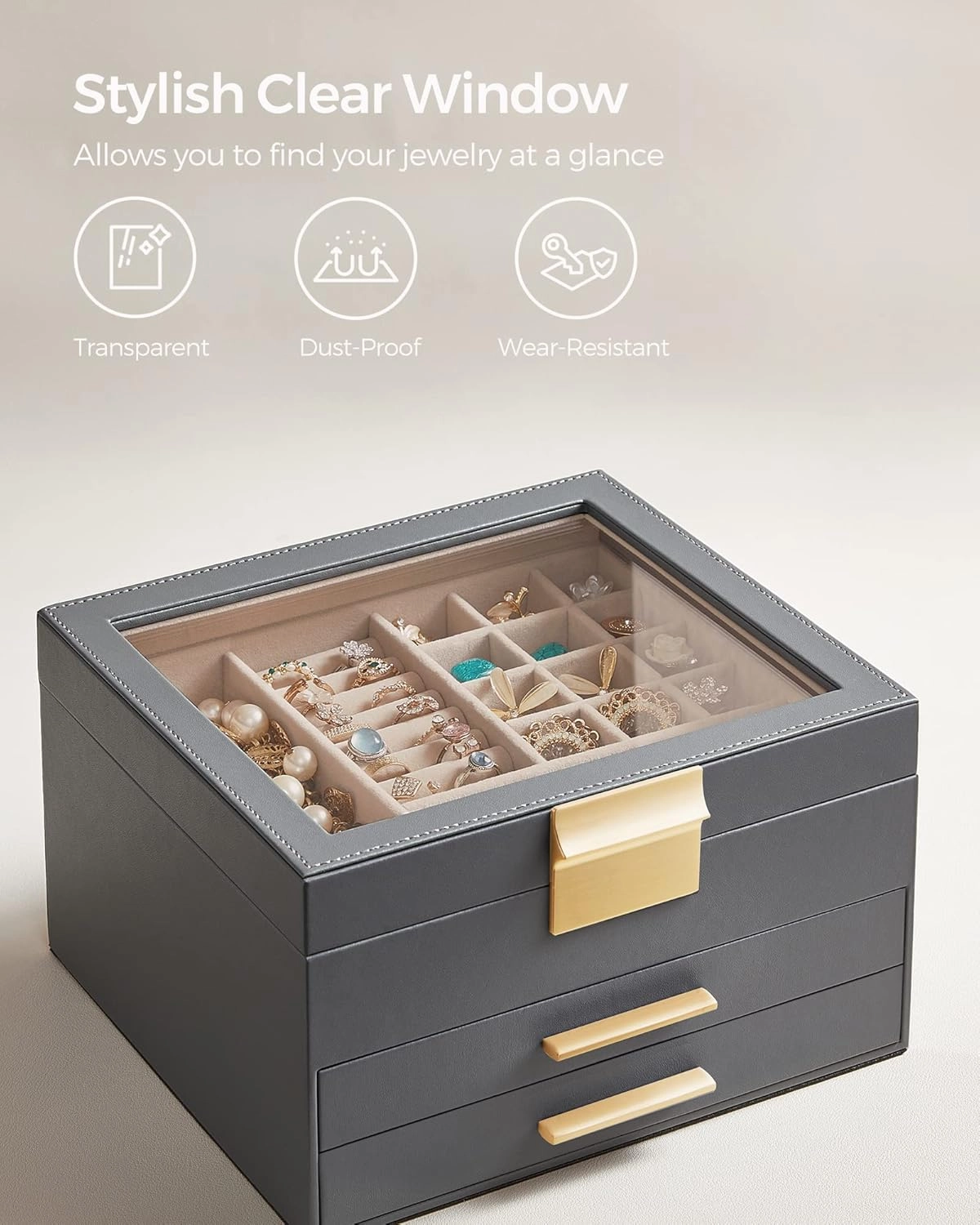 SONGMICS Jewelry Box Organizer with Glass Lid, 3-Layer Jewelry Storage, with 2 Drawers, Modern Style, 8 x 9.1 x 5.3 Inches, Interstellar Gray and Gold Color UJBC239G02
